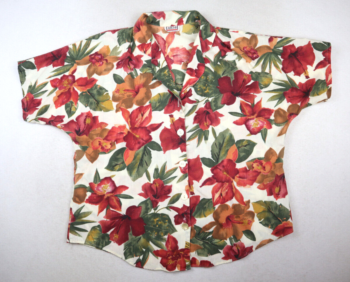 VINTAGE OVERSIZED RED FLORAL PRINT SHORT SLEEVE BUTTON-UP SHIRT – JUST 4 – XL