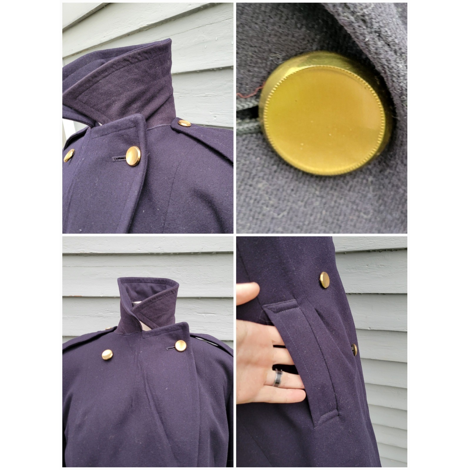 Vintage Military Style Overcoat Navy Blue Double Breasted Gold Buttons Medium