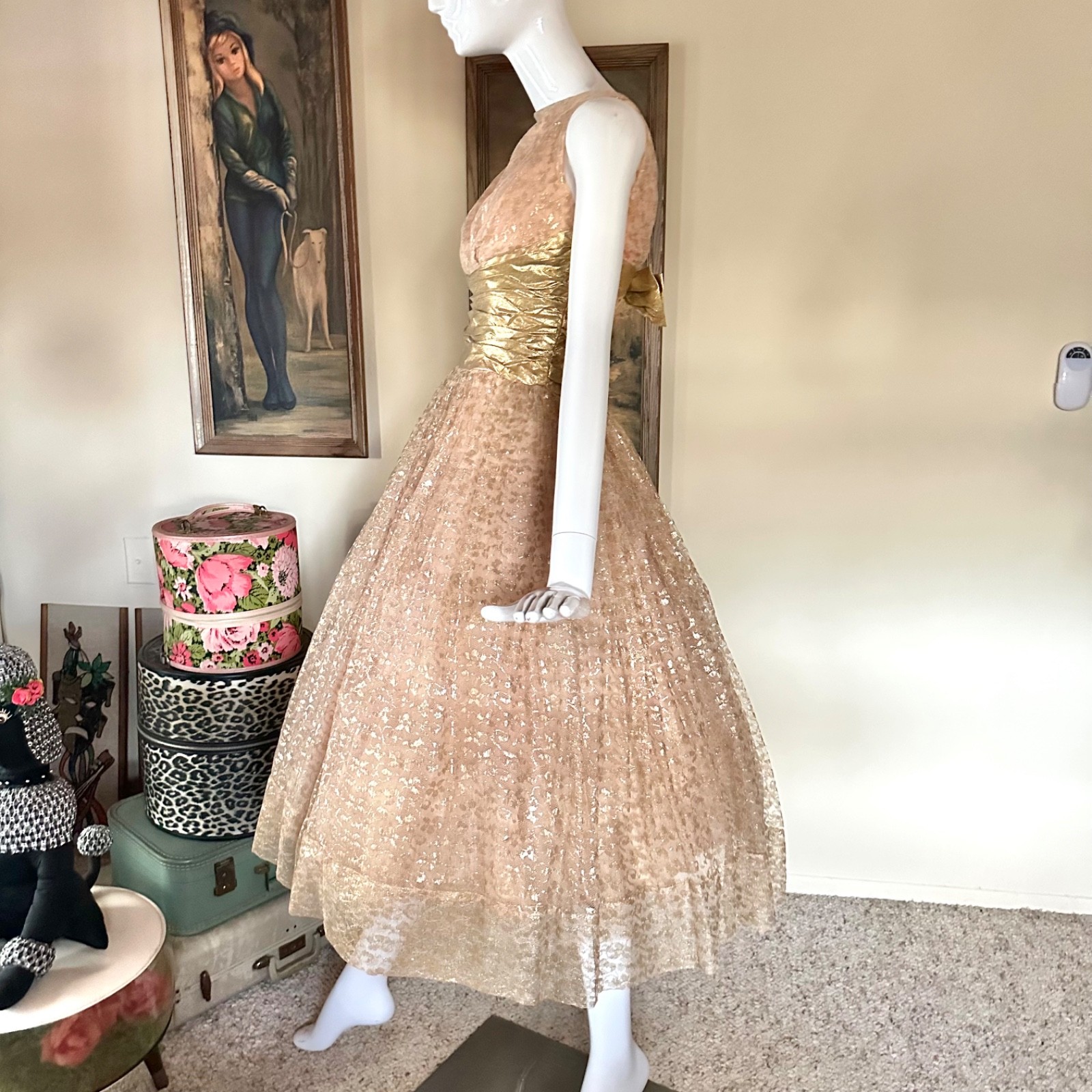 Vintage 1950s Gold Champagne Tulle Cupcake Prom Queen Dress VLV Wedding Gown XS