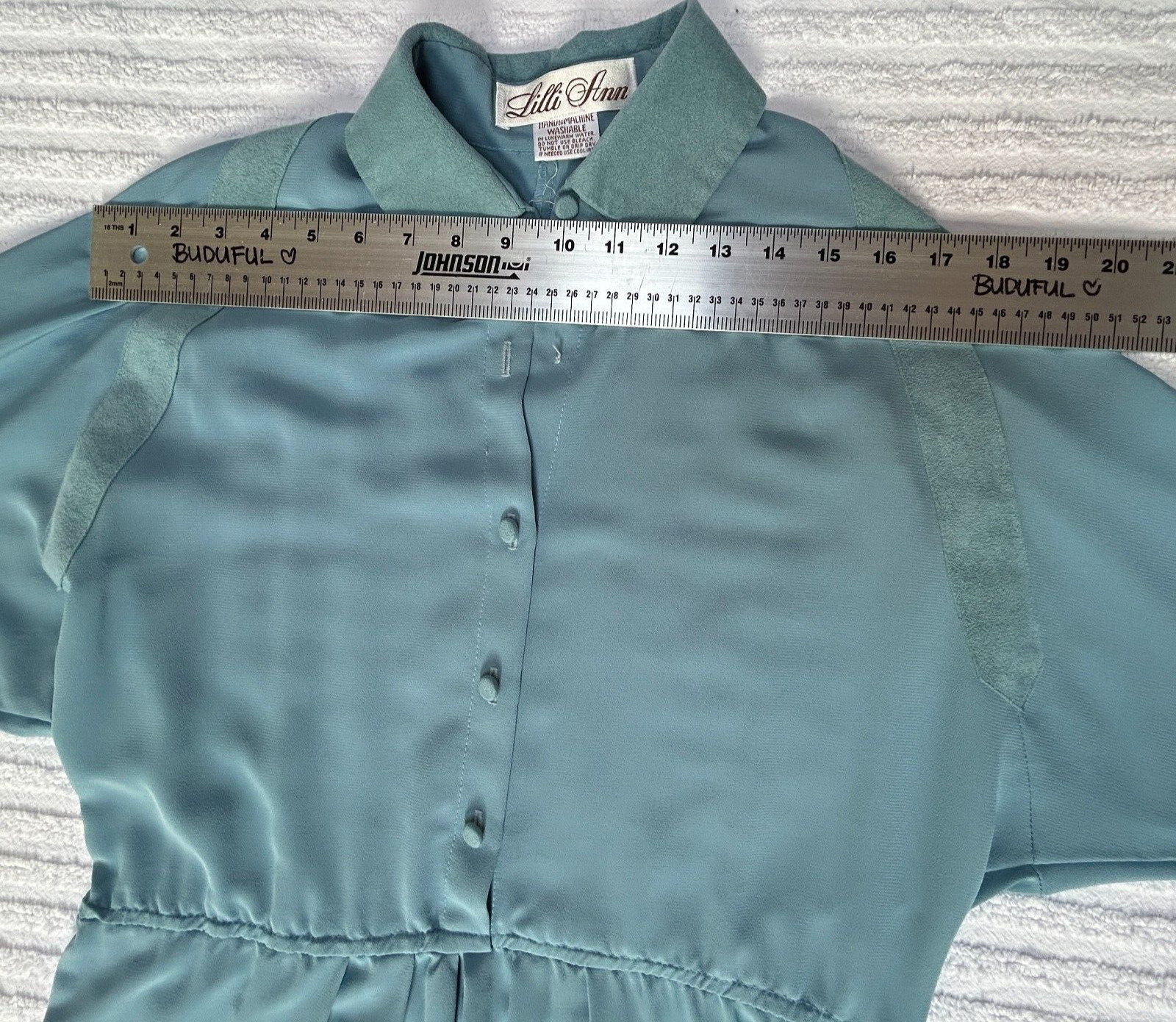 Vintage ILGWU Union Made Lilli Ann Blue Long Sleeve Shirt Midi Dress Suede Trim