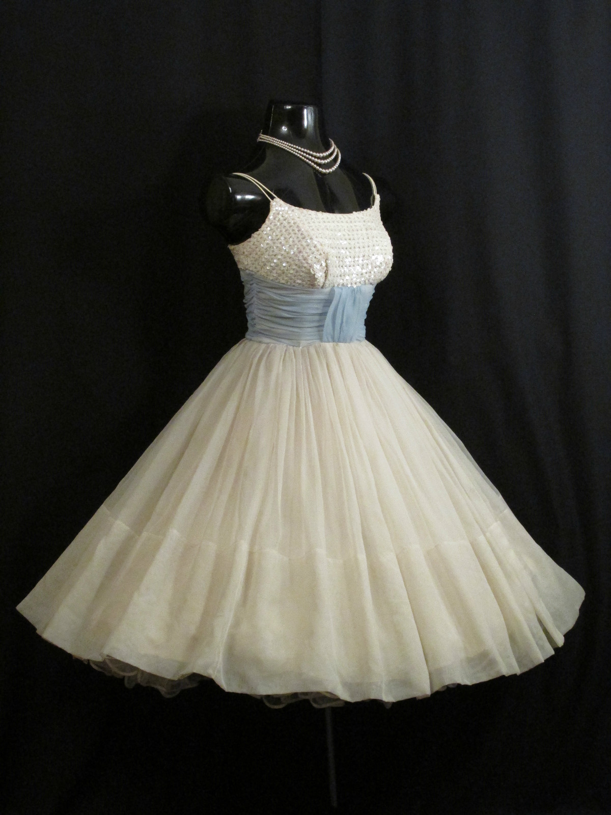 Vintage 1950’s 50s Ivory Blue Chiffon Organza Sequins Prom Party Wedding DRESS