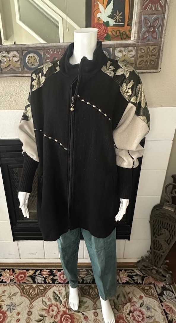 Vtg Wool Coat XL Lady Suzette Black Gold 80s Glam Zip Up Jacket Bat Wing Sleeves