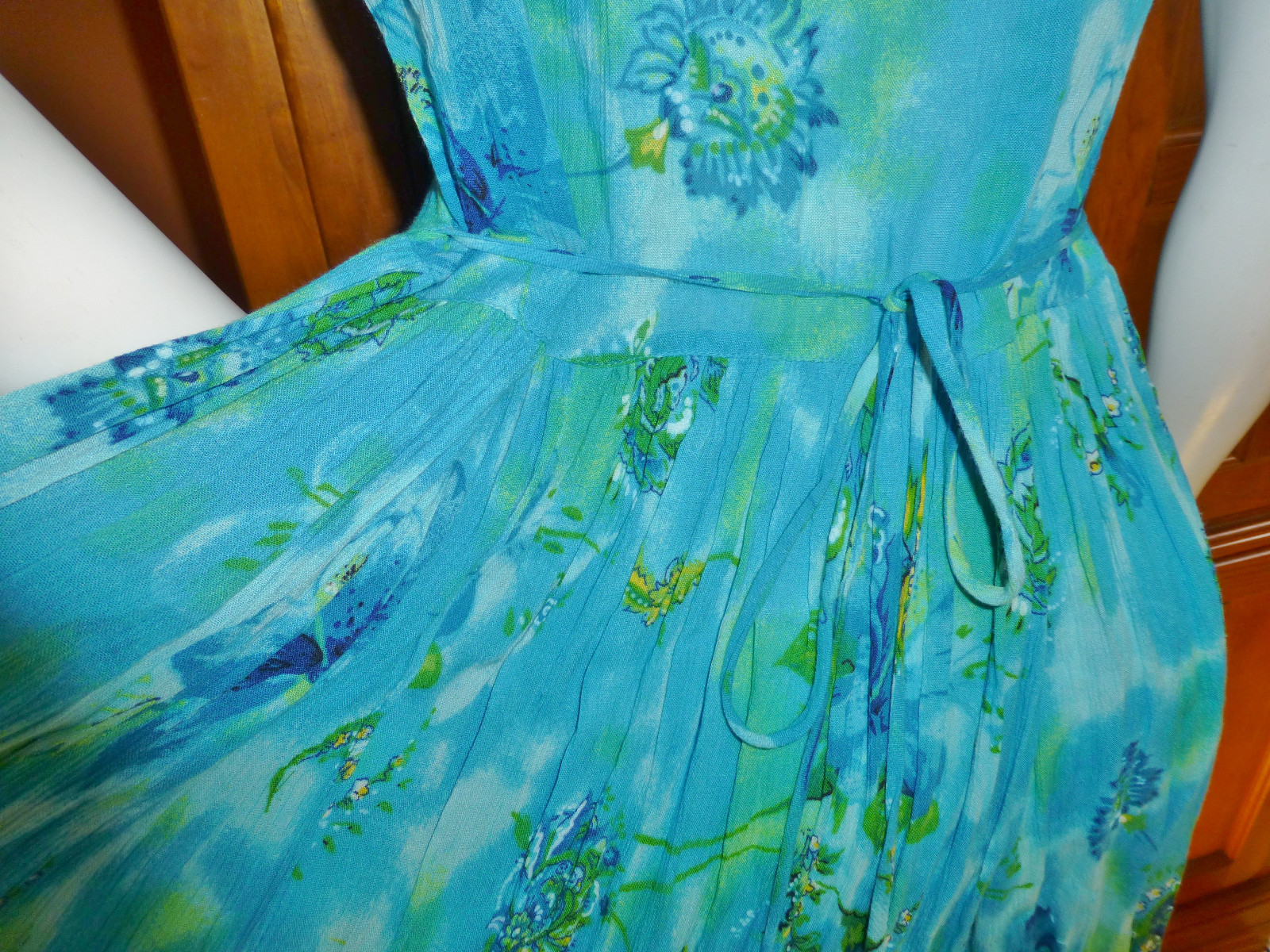 Vtg India Gauze Rayon Turquoise Ethnic Drape A line Boho Gypsy Midi DRESS S M