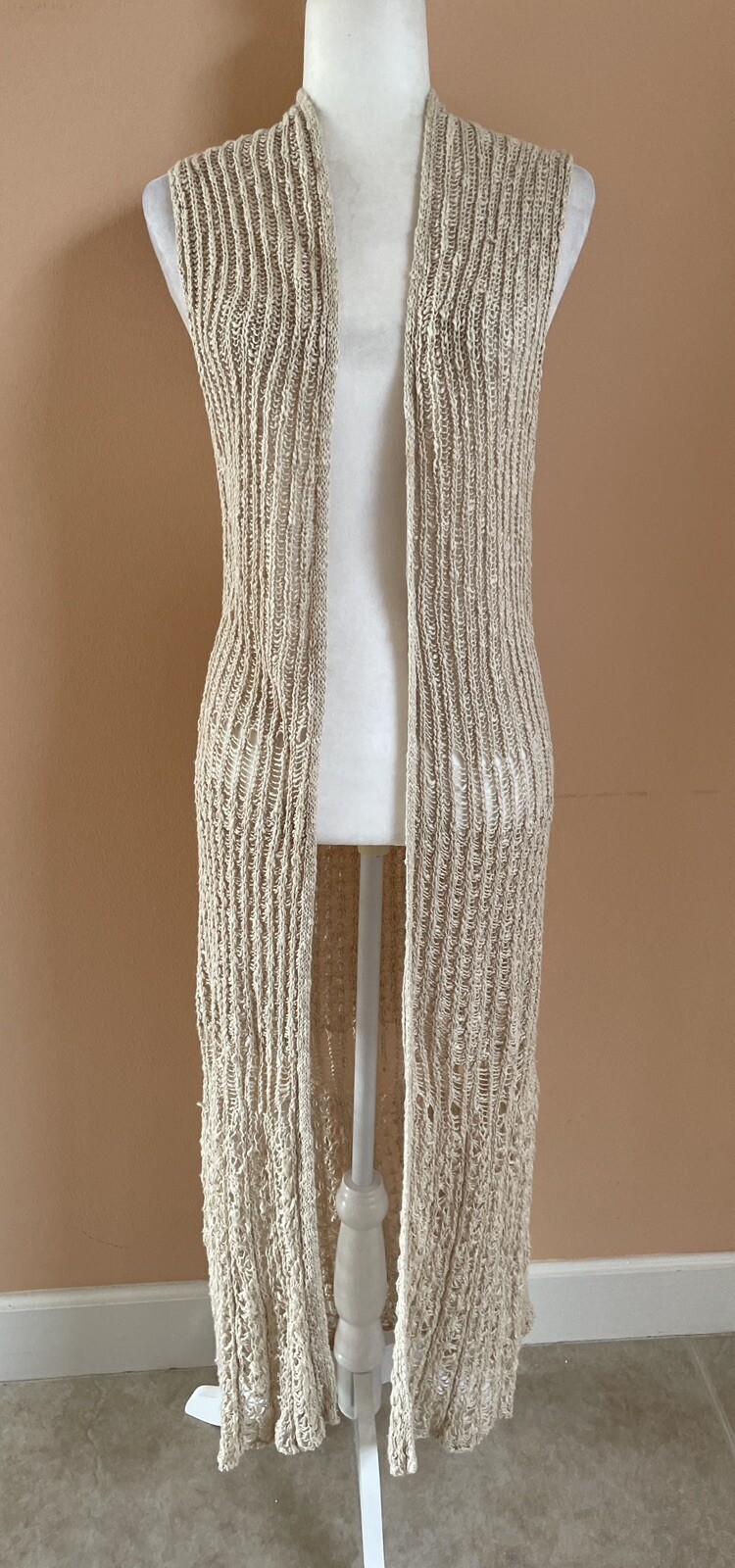 Vintage Cotton Acrylic Blend Beige Loose Knit Long Boho Sweater Vest S