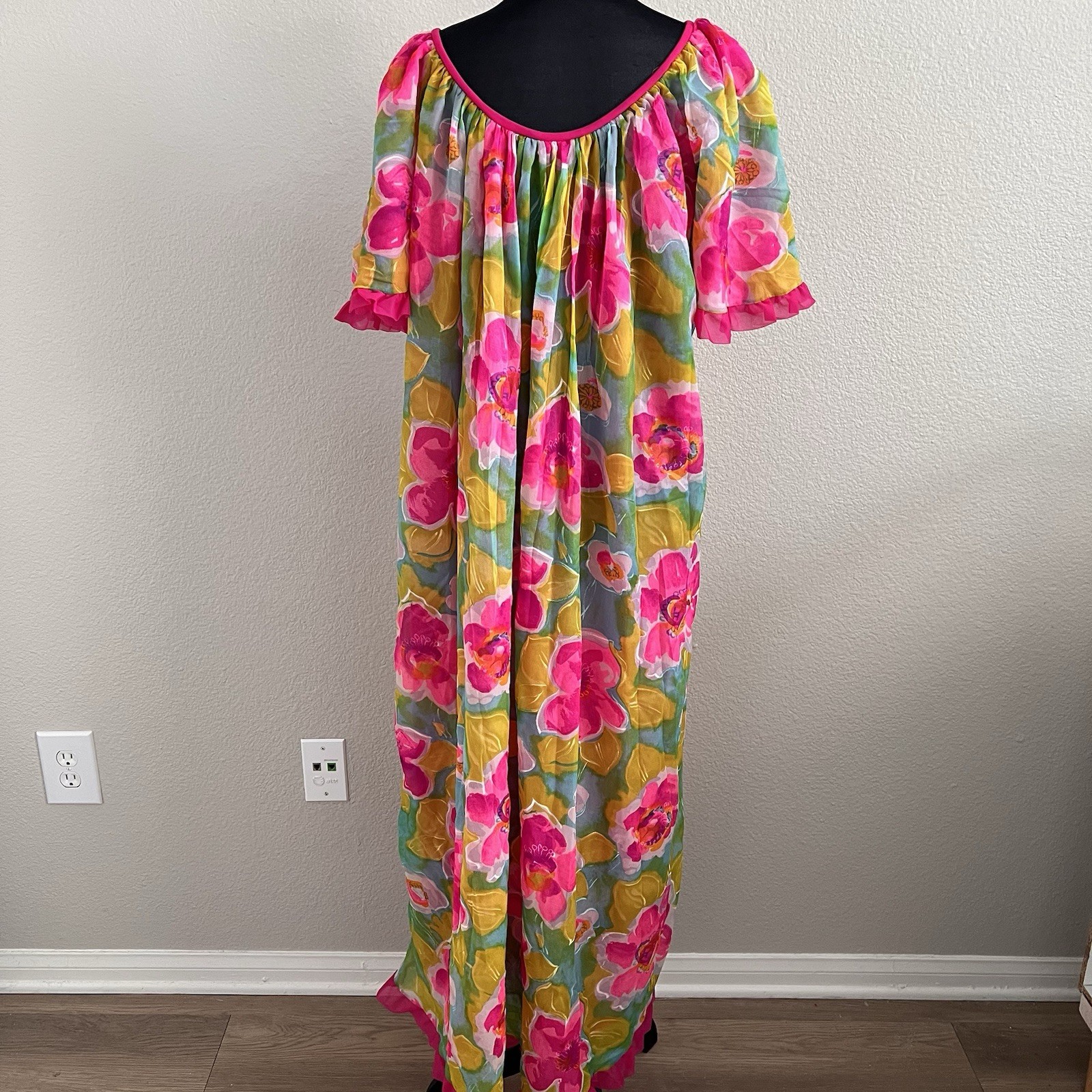 Vintage Jenelle of California Gown Belted Ruffles Floral Lined Colorful Nylon