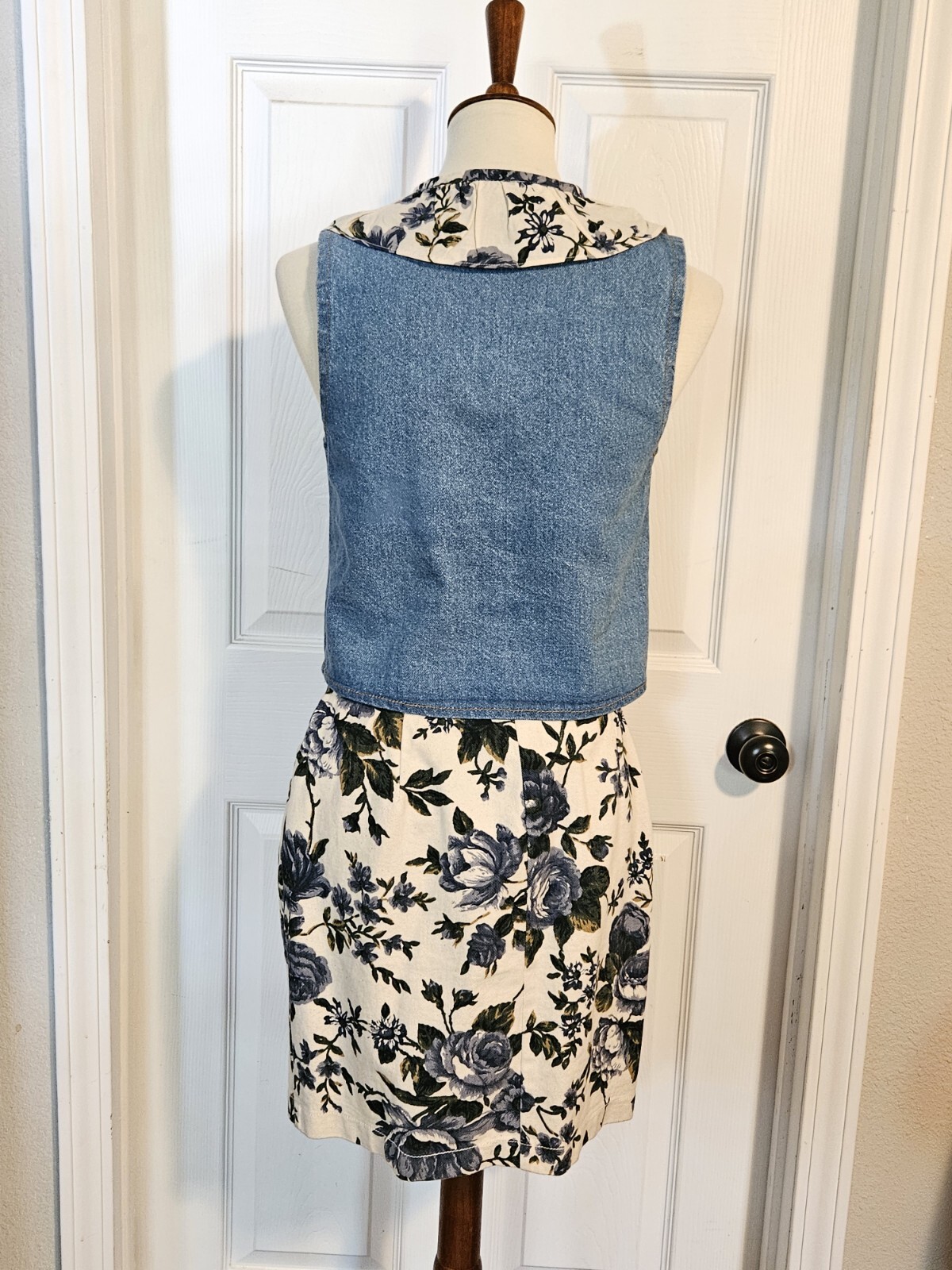 Vintage 90s Denim Skirt Vest Set Size Medium with White And Blue Florals