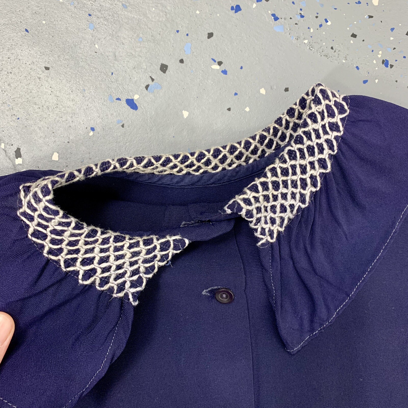 Vintage 40s Blue Crepe Back Button Blouse Smocked Collar AS IS Pattern Study S/M