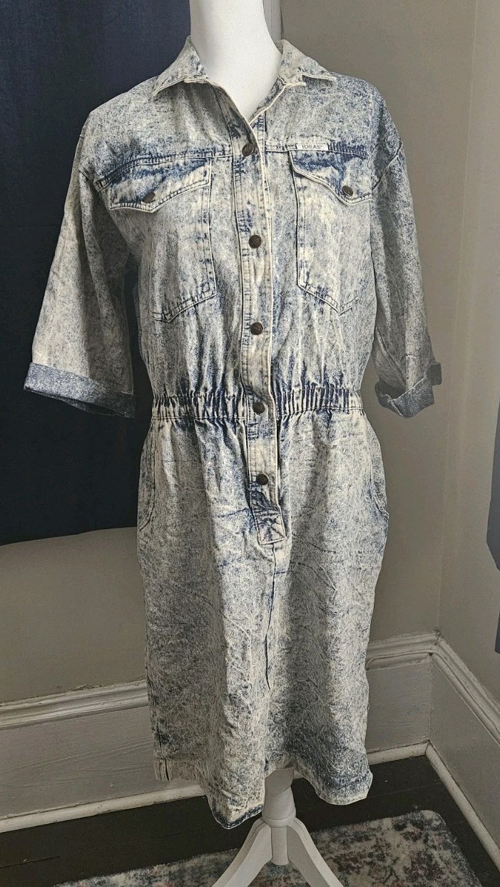 Vintage IDEAS Acid Wash Denim Shirt Dress Size L Button Front 80s 90s Grunge