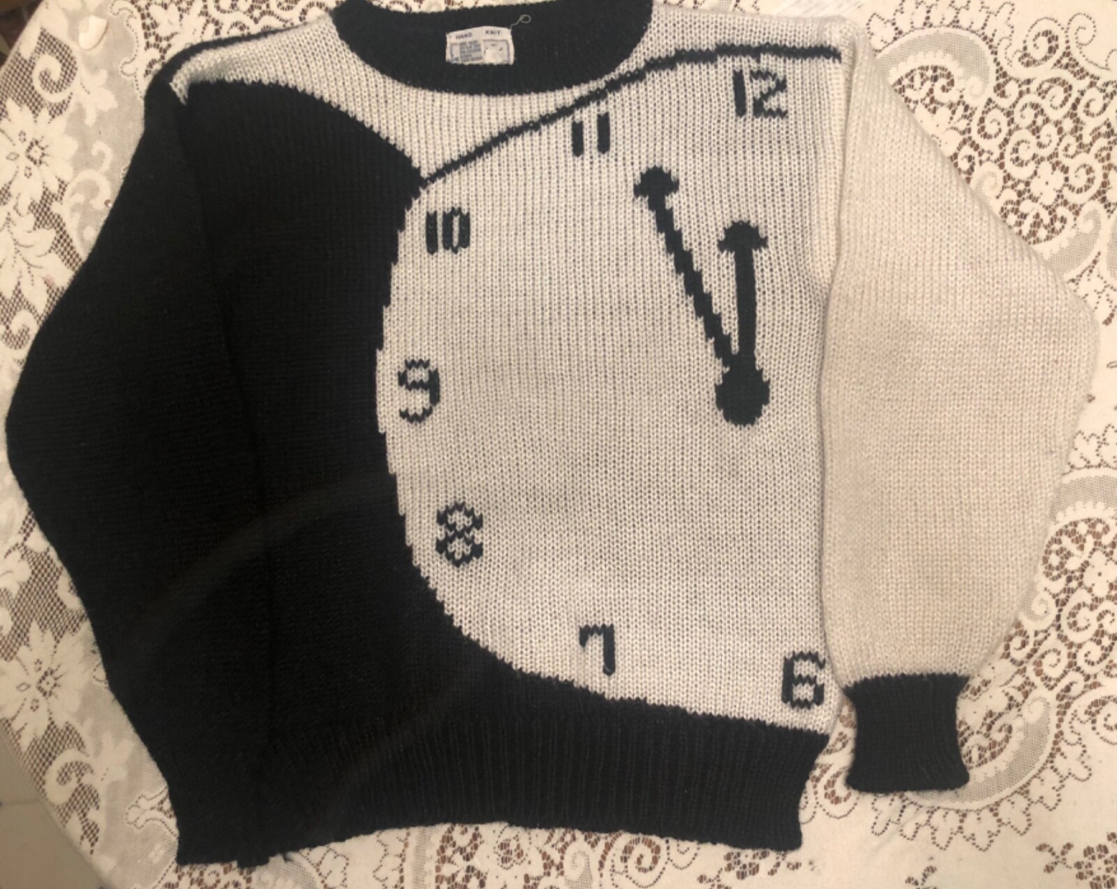 Vintage 1980 abstract black and white clock sweater womans M