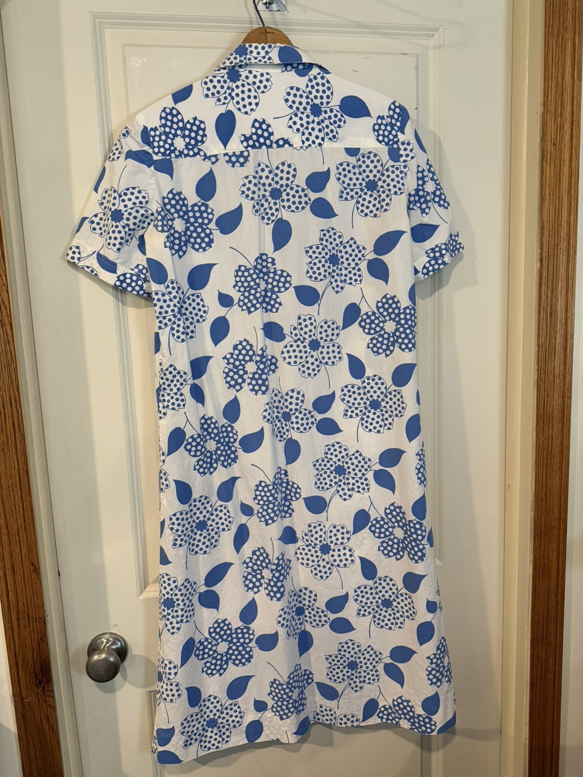 Vintage Blue & White Floral Handmade Shirt Dress House Dress Cotton Approx Sz M