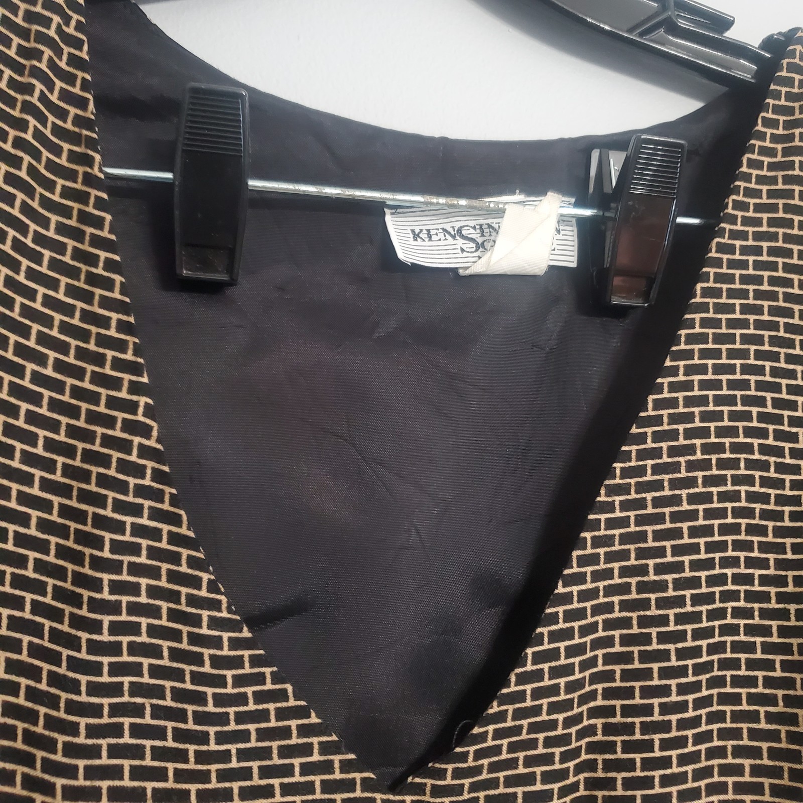Kensington Square Rare Vintage 80s 90s Black & Brown Button Down Dress USA Sz M