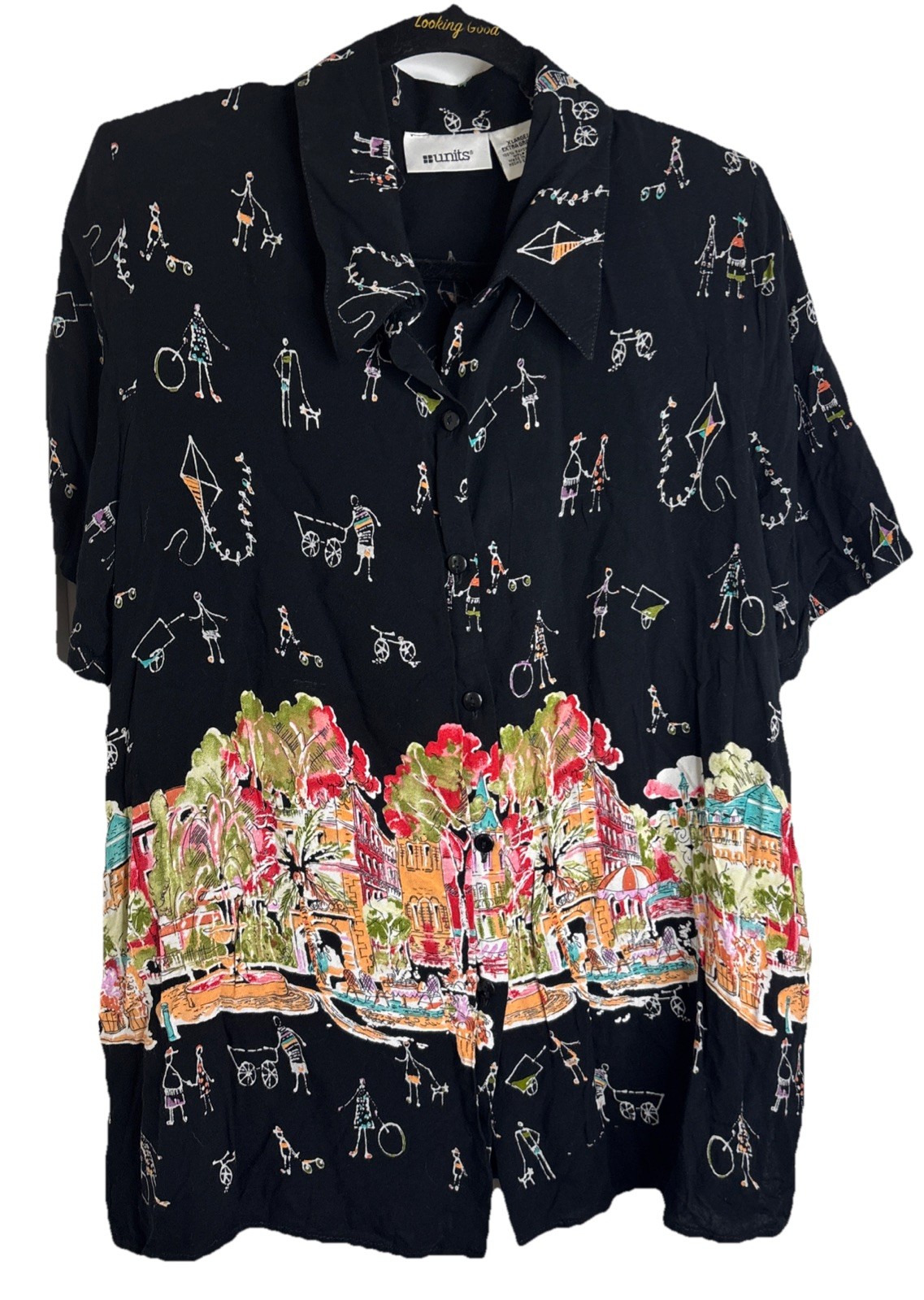 Vintage 80’s Units Blouse, Resort Scene, Doodles, Shoulder Pads Women’s Size XL