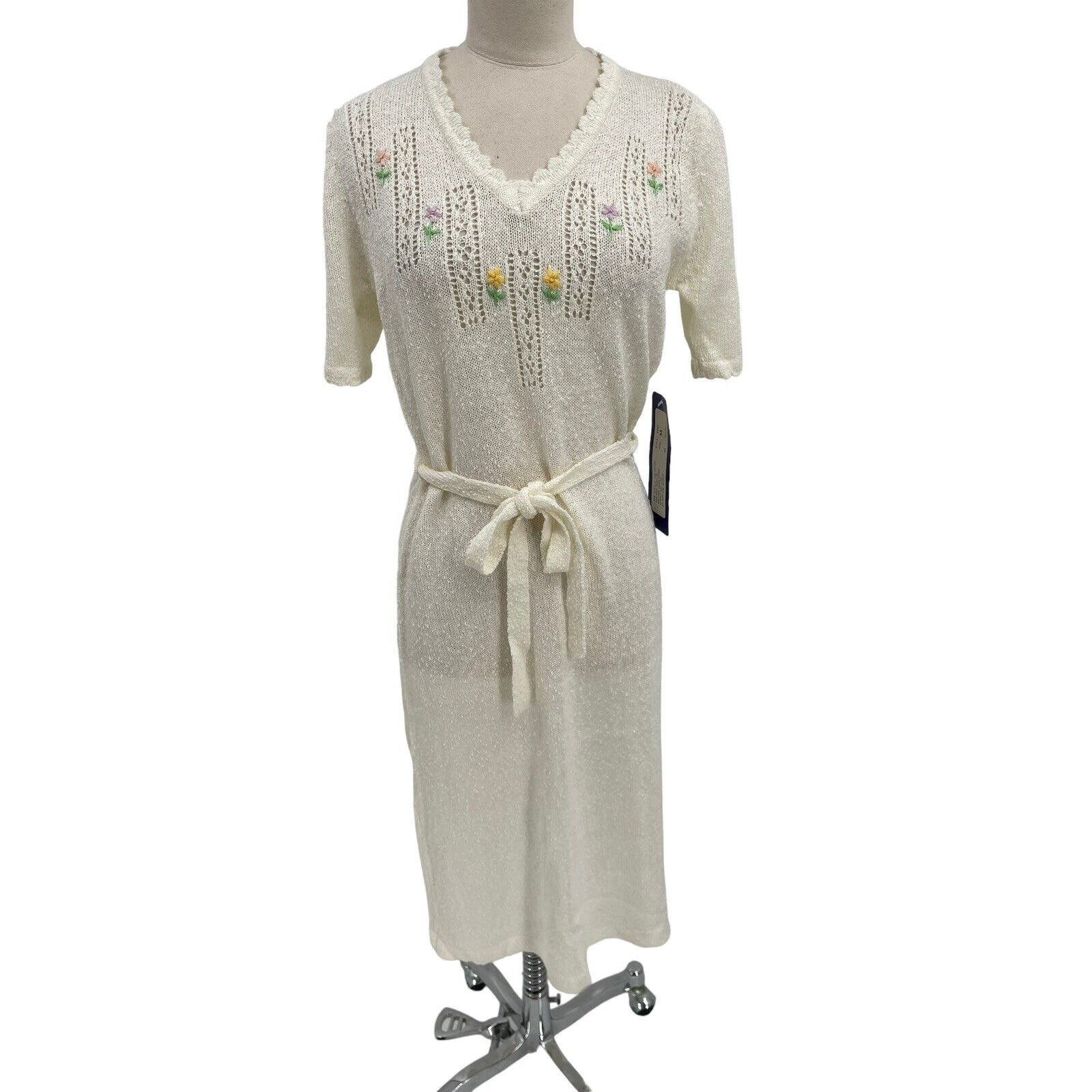 NWT Vintage Joni Blair Dress Boucle Knit Sweater Embroidered Flowers Medium