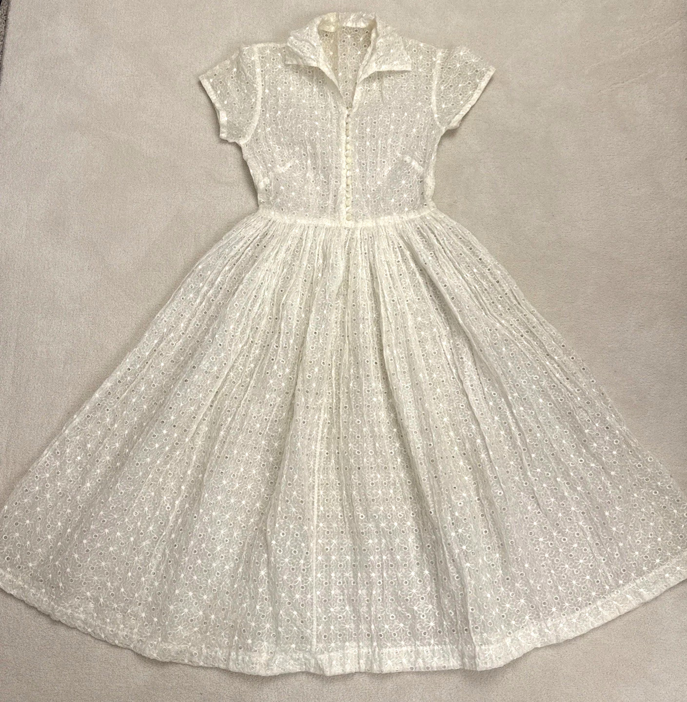vintage 50s 1950s sheer overlay shirt dress eyelet button up peter pan collar