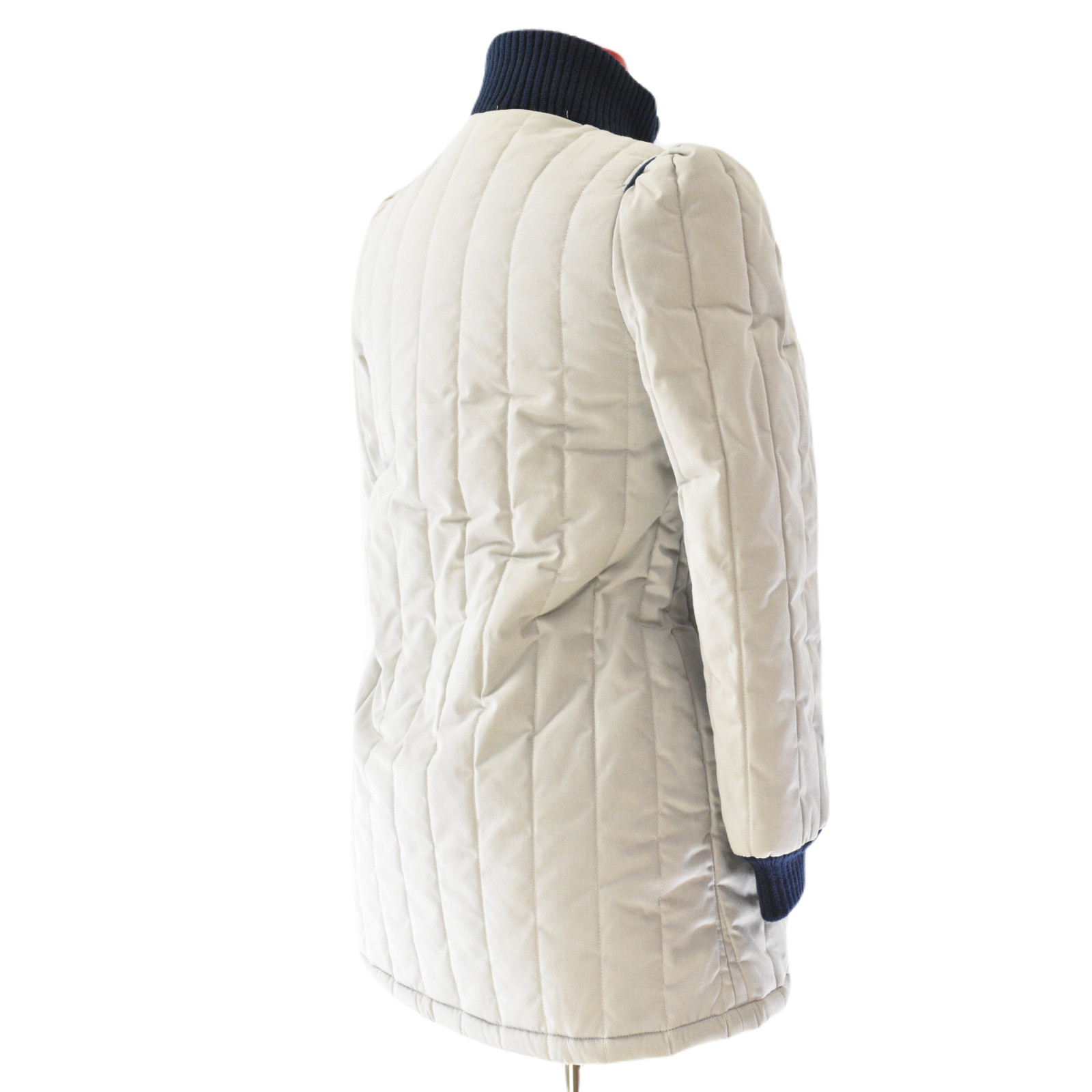 Pale Gray Quilted Puffer Coat Puff Sleeve Blue Rib Knit Stand Up Collar Womens12