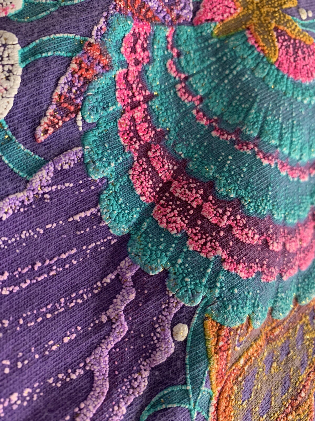 Vtg 90s Panama Jack Granny TShirt L ? Purple Shells Glittery Distressed Sea