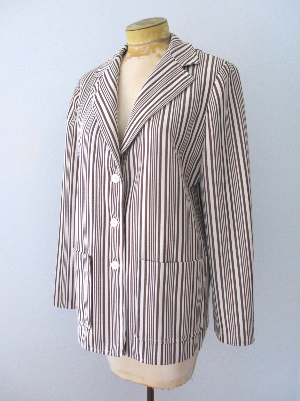 Vtg 70s Mod Brown Poly Knit Textured Stripe Button Jacket Blazer Pockets L/XL