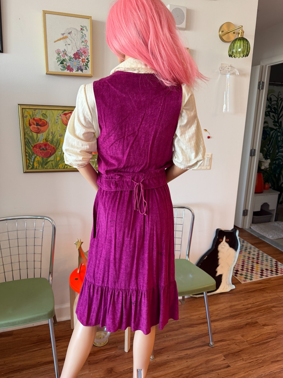 🍷 Vtg 70s Faux Suede Plum Vest Skirt Set Sheer Lace Blouse 3pc M Dress