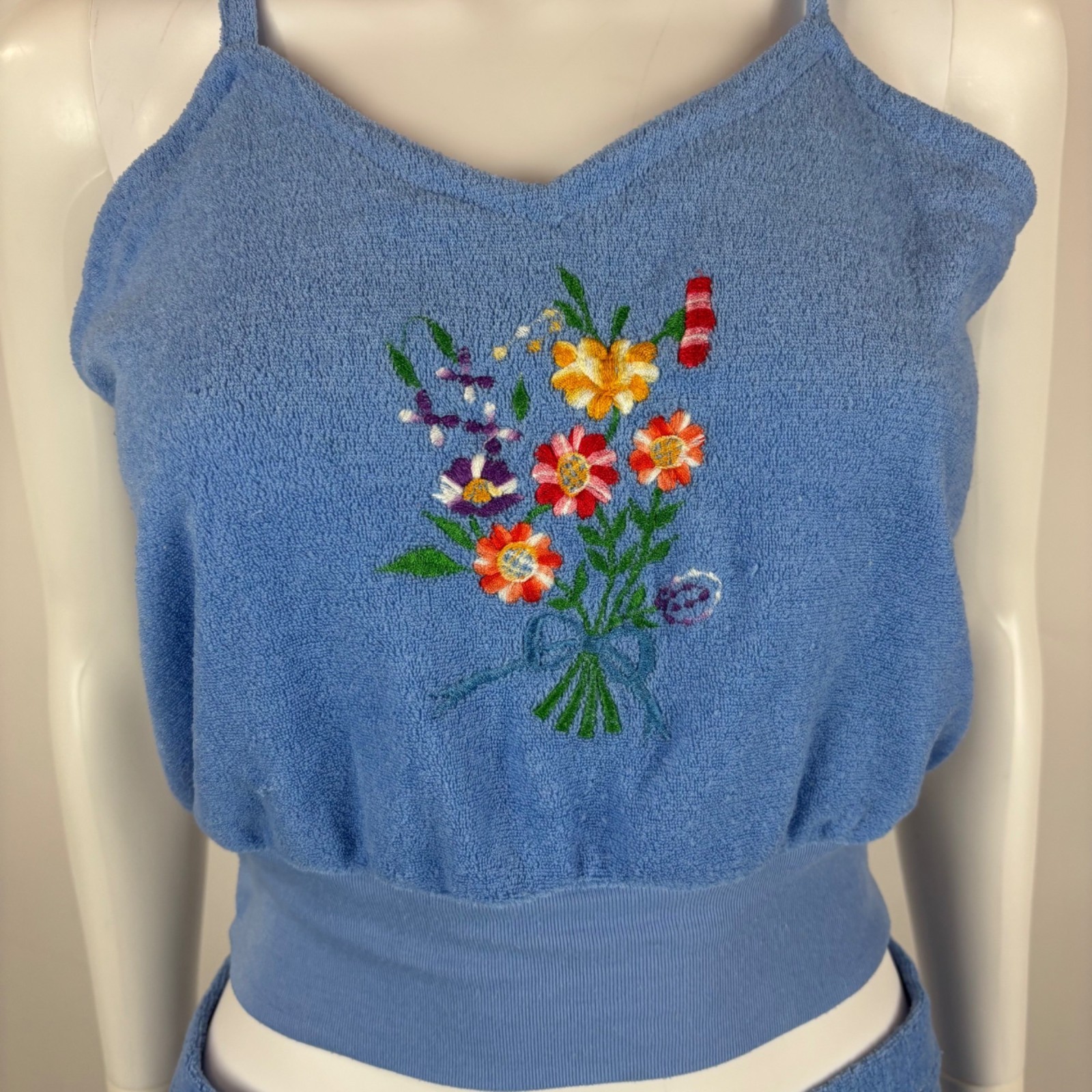 Vintage 80s Terry Cloth Set Womens L Blue Flower Embroidery Two Piece Summer