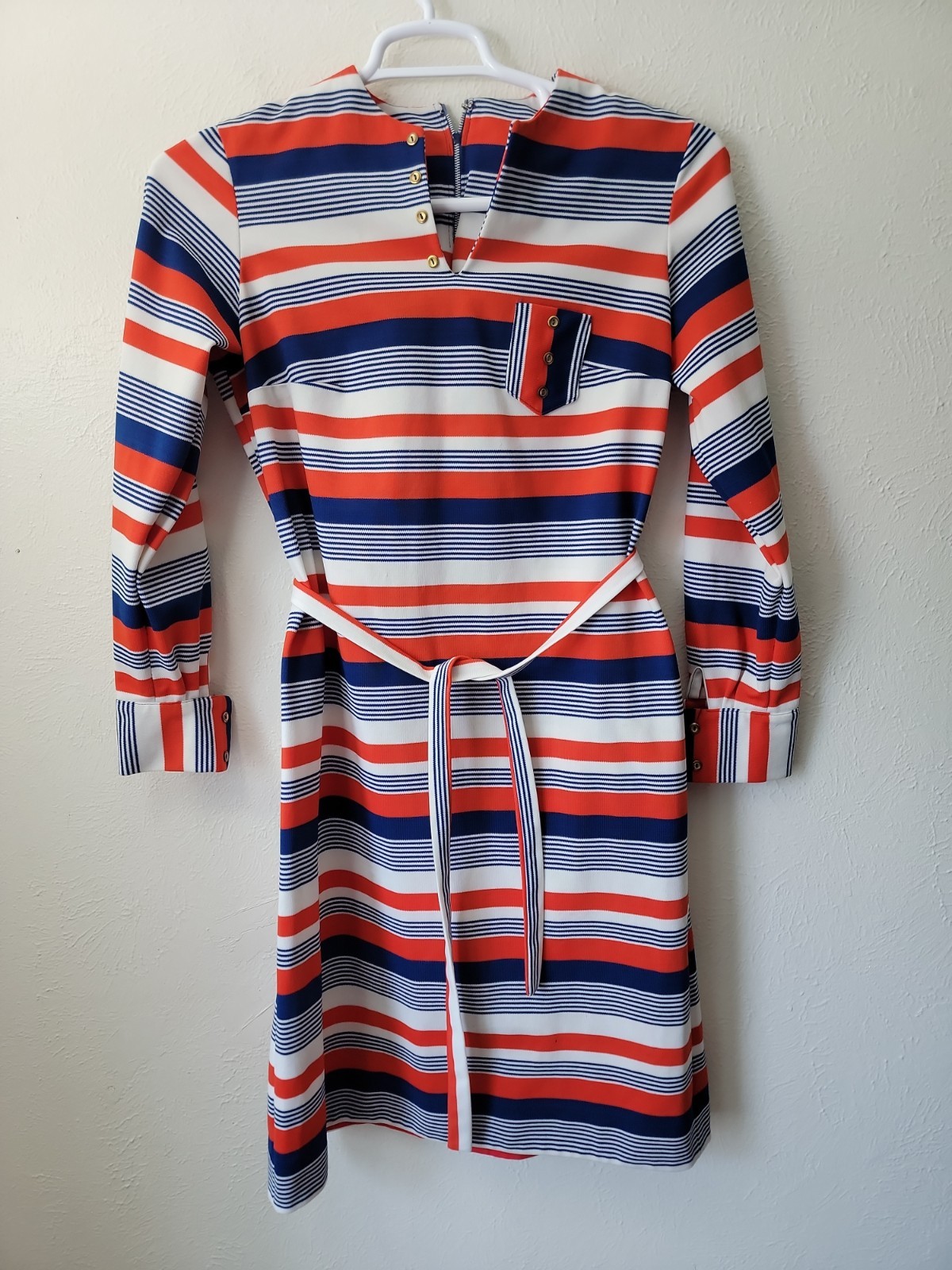 Vintage 60s 70s Mod Go Go Dress White Orange & Blue Striped Large With Belt