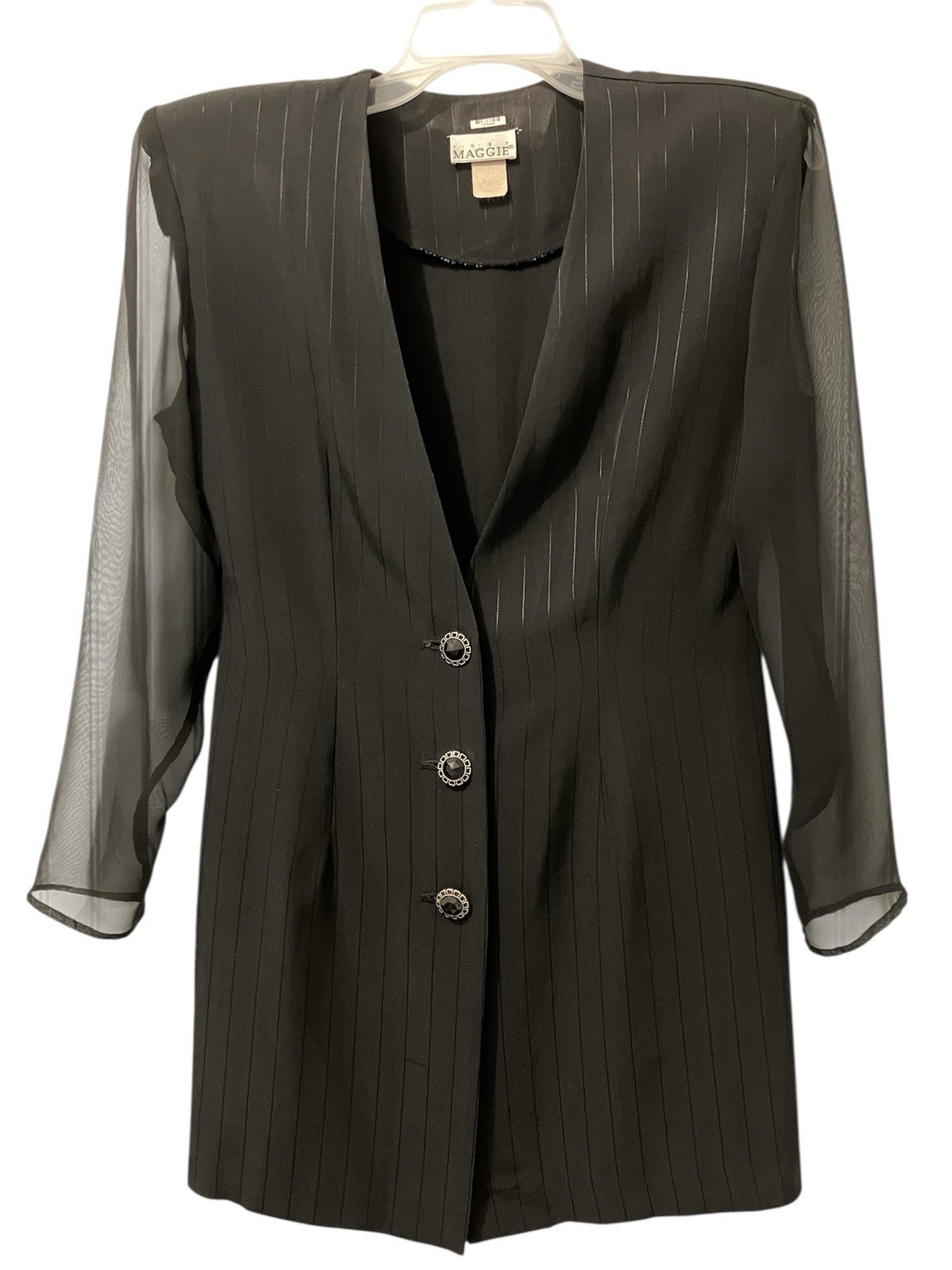 Vintage 80s Just Maggie Sheer Sleeve Black Pinstripe Power Blazer Jacket 7/8
