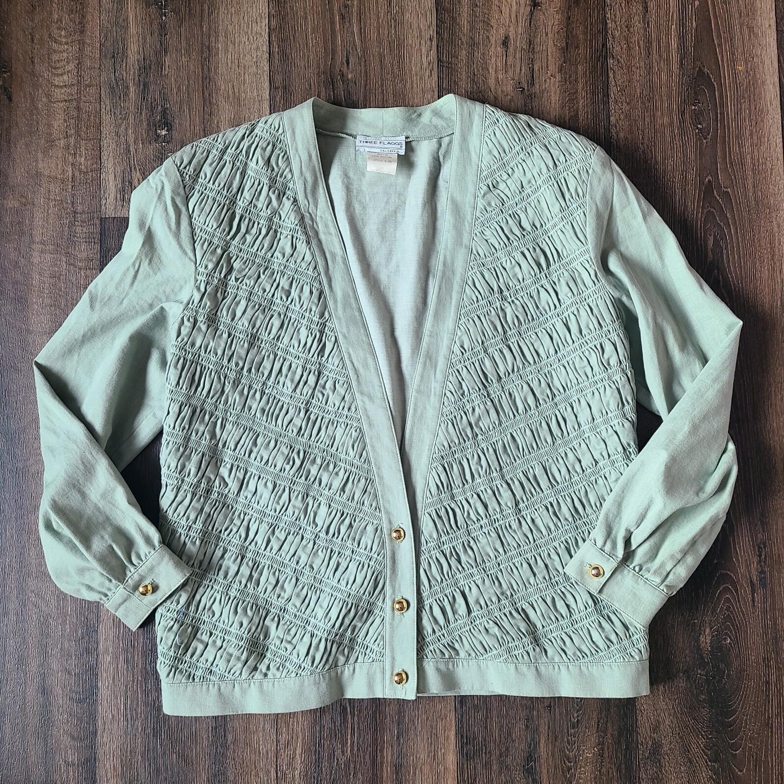 Three Flaggs California Cardigan Blazer Womens Size M 10 Sage Green Vtg Boho