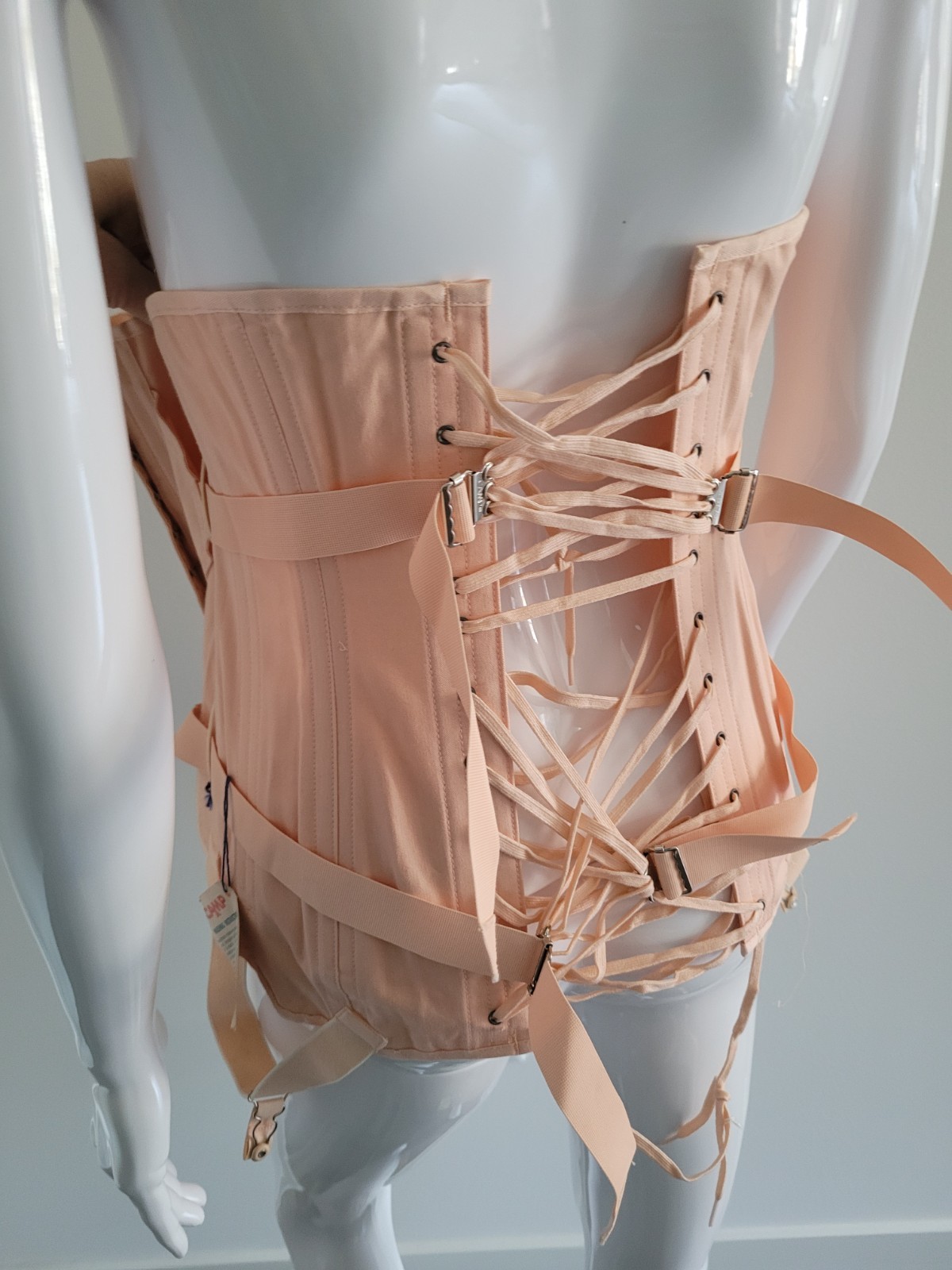 Vintage Peach Corset Camp 691 Lumbar Support Hook Back Lace Up Garters 36 NEW
