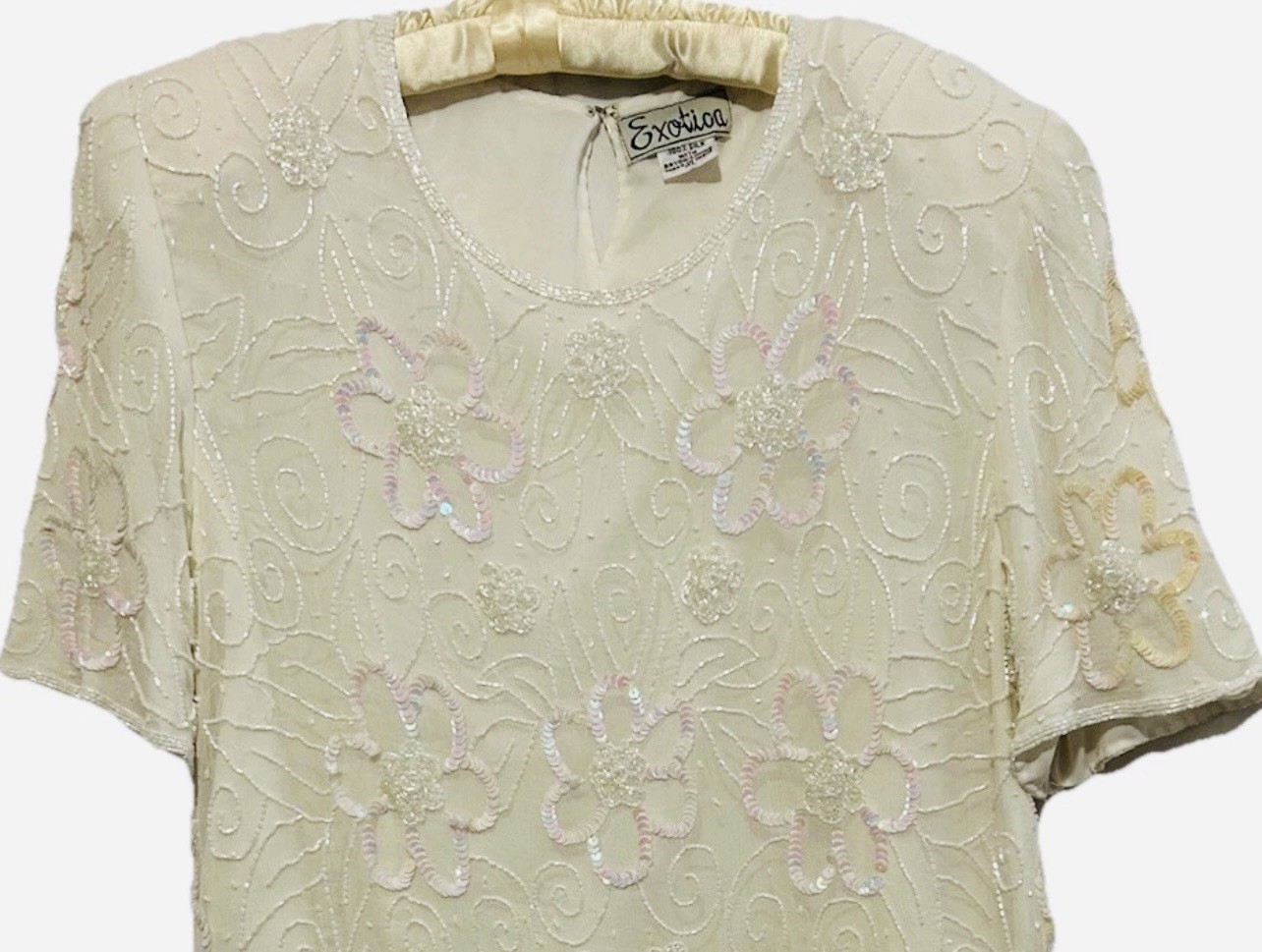 Vtg Silk Exotica Top Ivory Iridescent Beaded Sequins Mob Wife Cruise Blouse XL