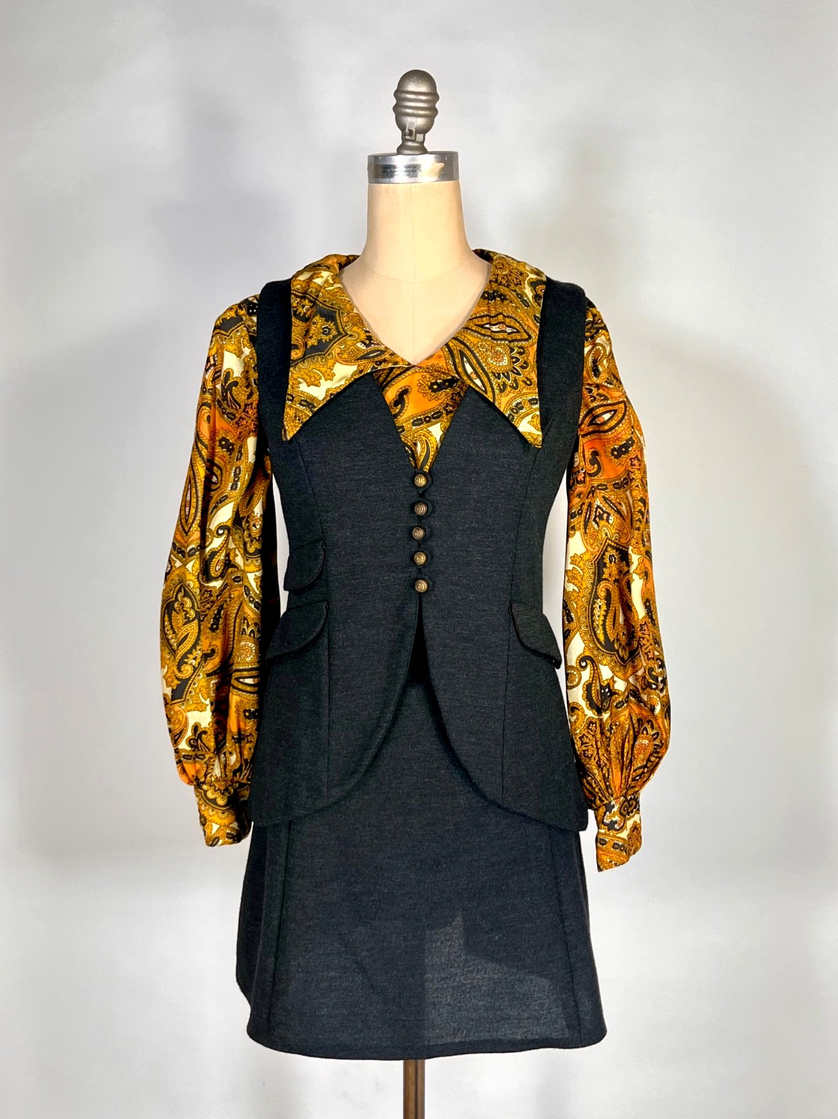 Vintage 1960’s-1970’s Kelly Arden (petite) grey, paisley dress & vest 2-pc. set