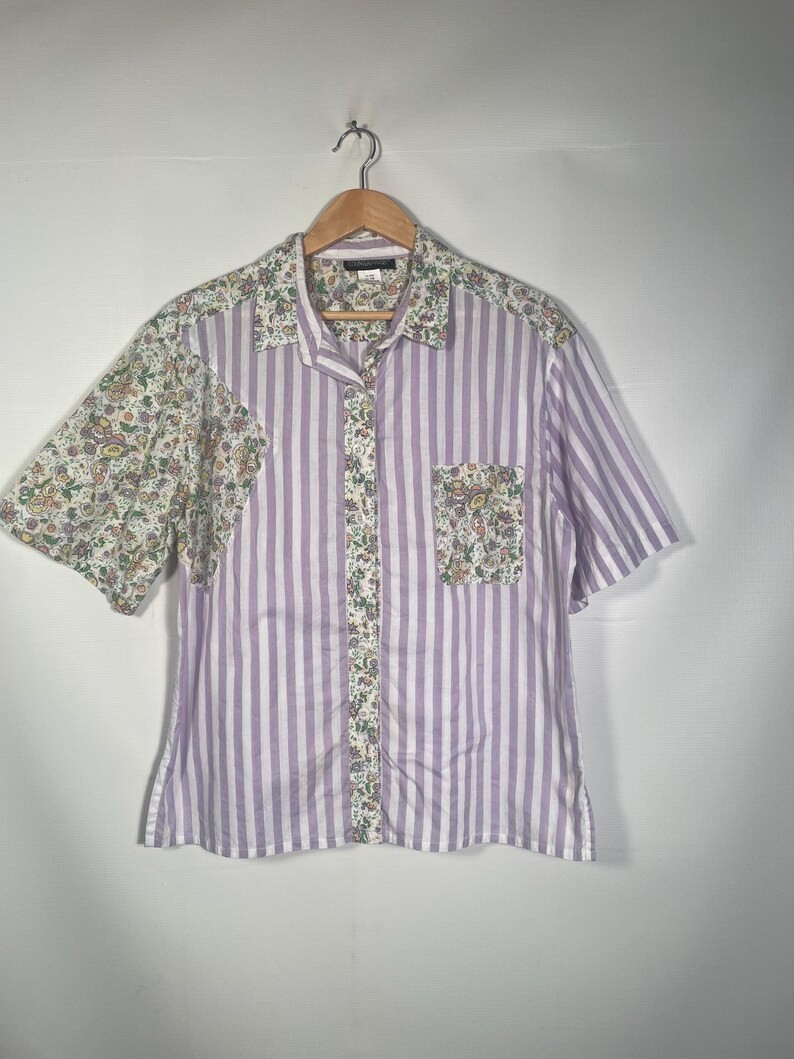 Vintage 1990s Plus Size Spring Floral All Cotton Striped Blouse Size 16 XL