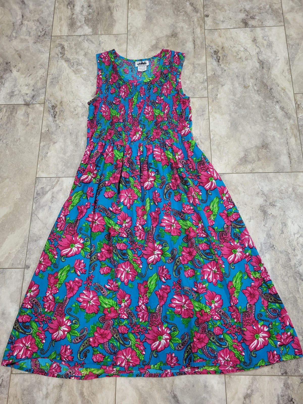 Metropolitan Blue Pink Floral & Paisley Print Fit & Flare Womens Sz M Vtg 1990s