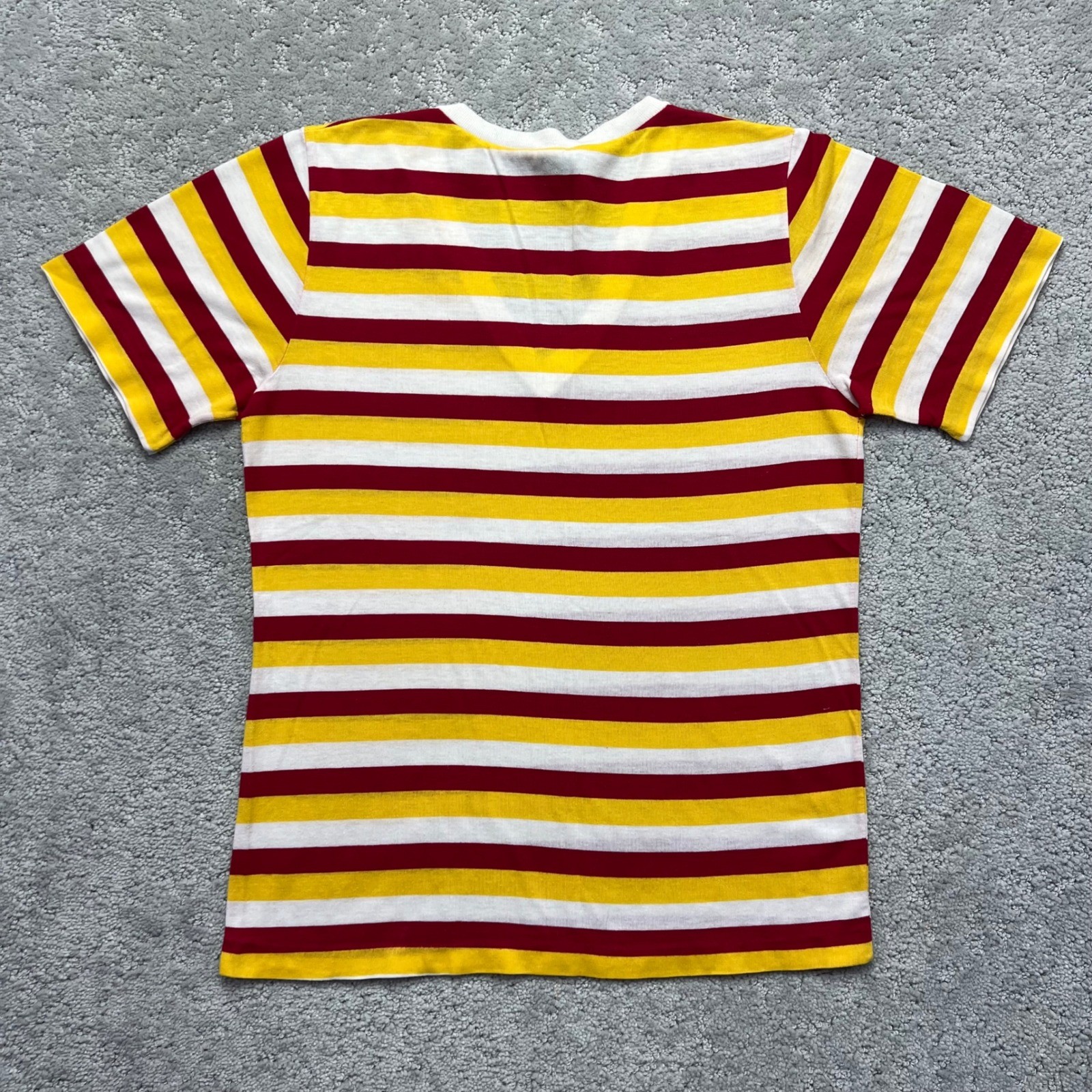 VINTAGE 80s Nick Names T-Shirt Womens Small Red Yellow White Striped V-Neck