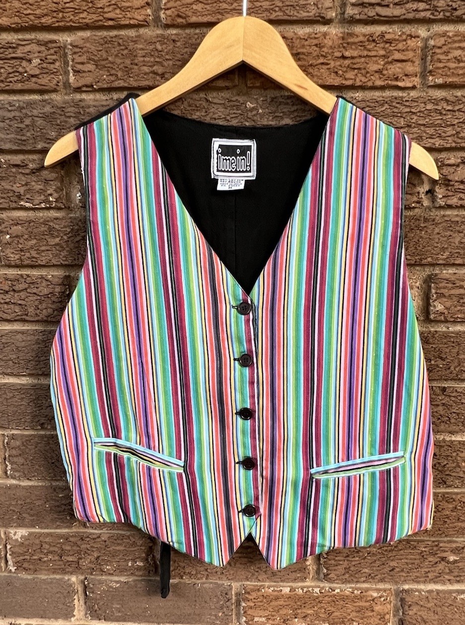 Vintage Striped Button Up Vest Medium 1980s Sleeveless Multicolor Top