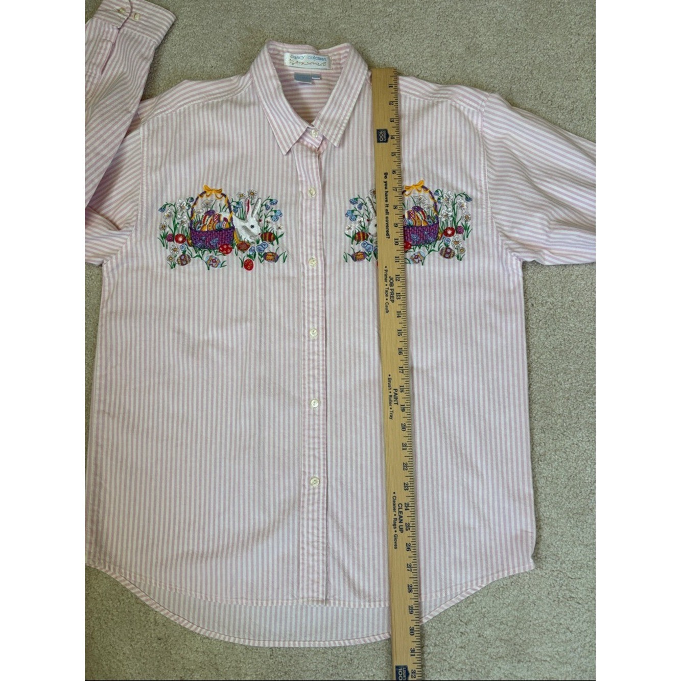 Vtg Casey Coleman Pink Striped Embroidered Floral Cottage Easter Shirt Women L