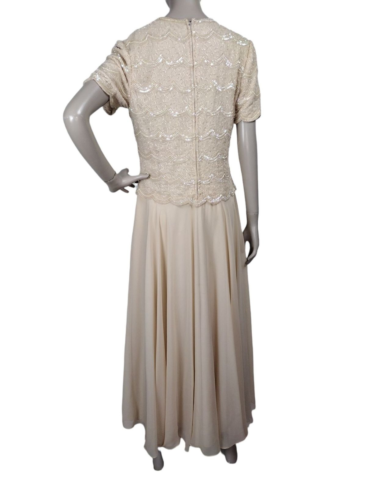 Vintage 80s 90s Creme Chiffon Tiered Scalloped Edge Beaded Sequined Dress India