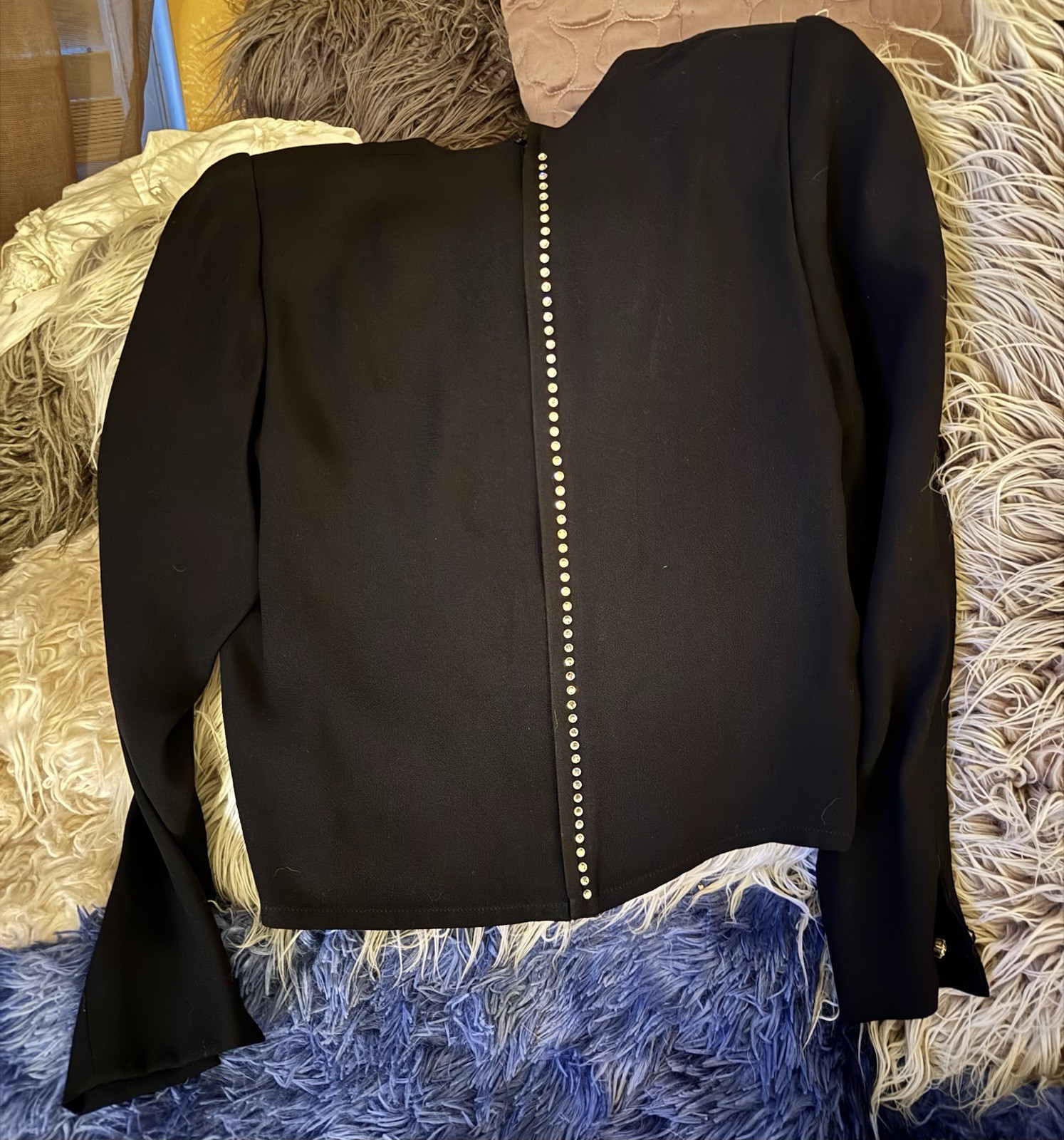 Sonia Rykiel France Black Peep Plunge Sexy Netting Rhinestones LS Blouse Top S
