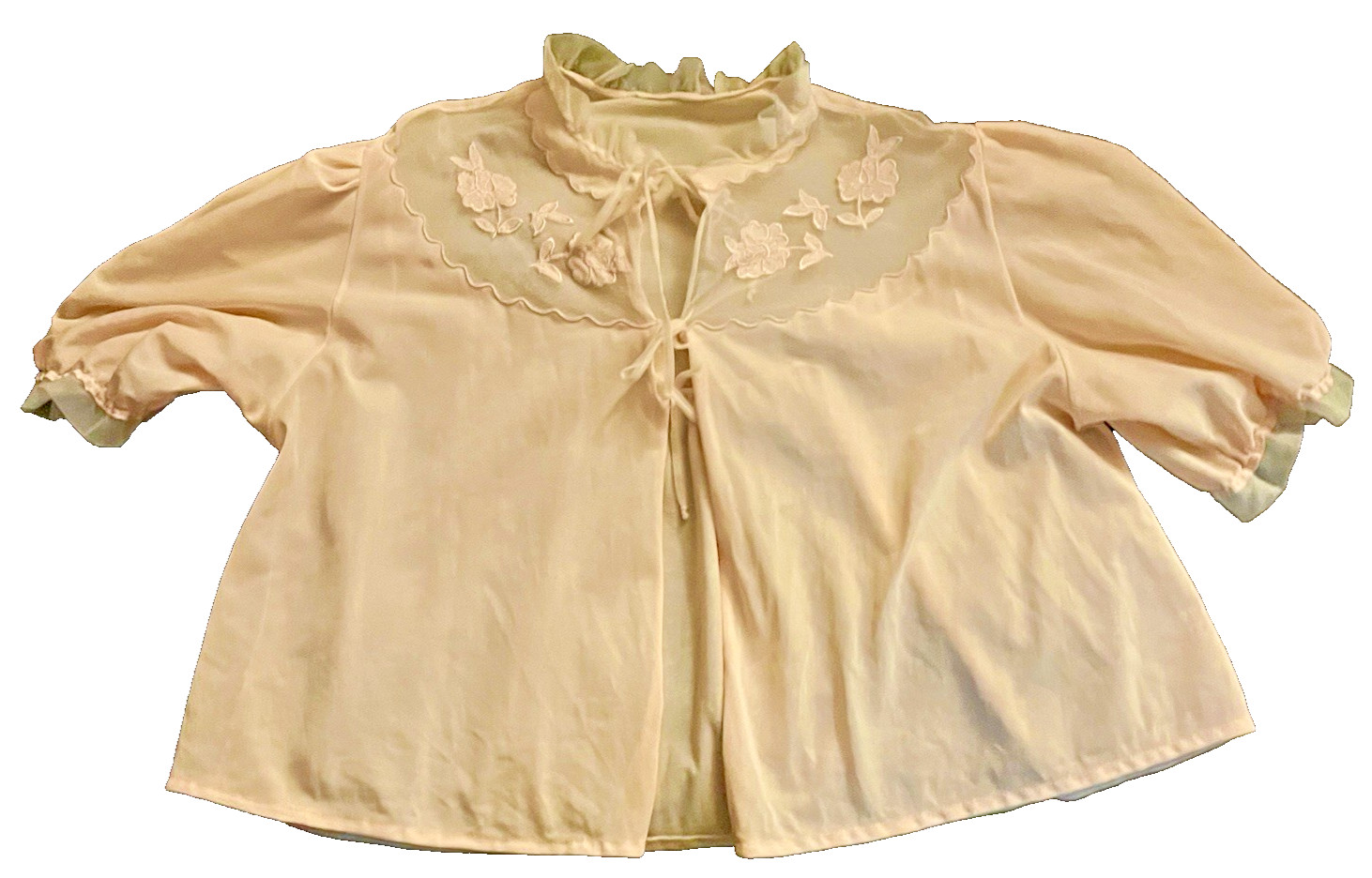VTG Light Pink Nylon Bed Jacket Top Lace Applique Front Ties Women`s SZ S-M
