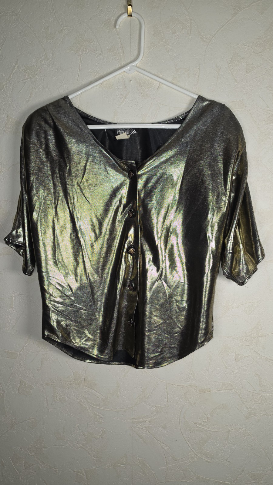 Vtg 80s Metallic Gold Lame Button Up Blouse by Hot Stuff Disco Retro Size Medium