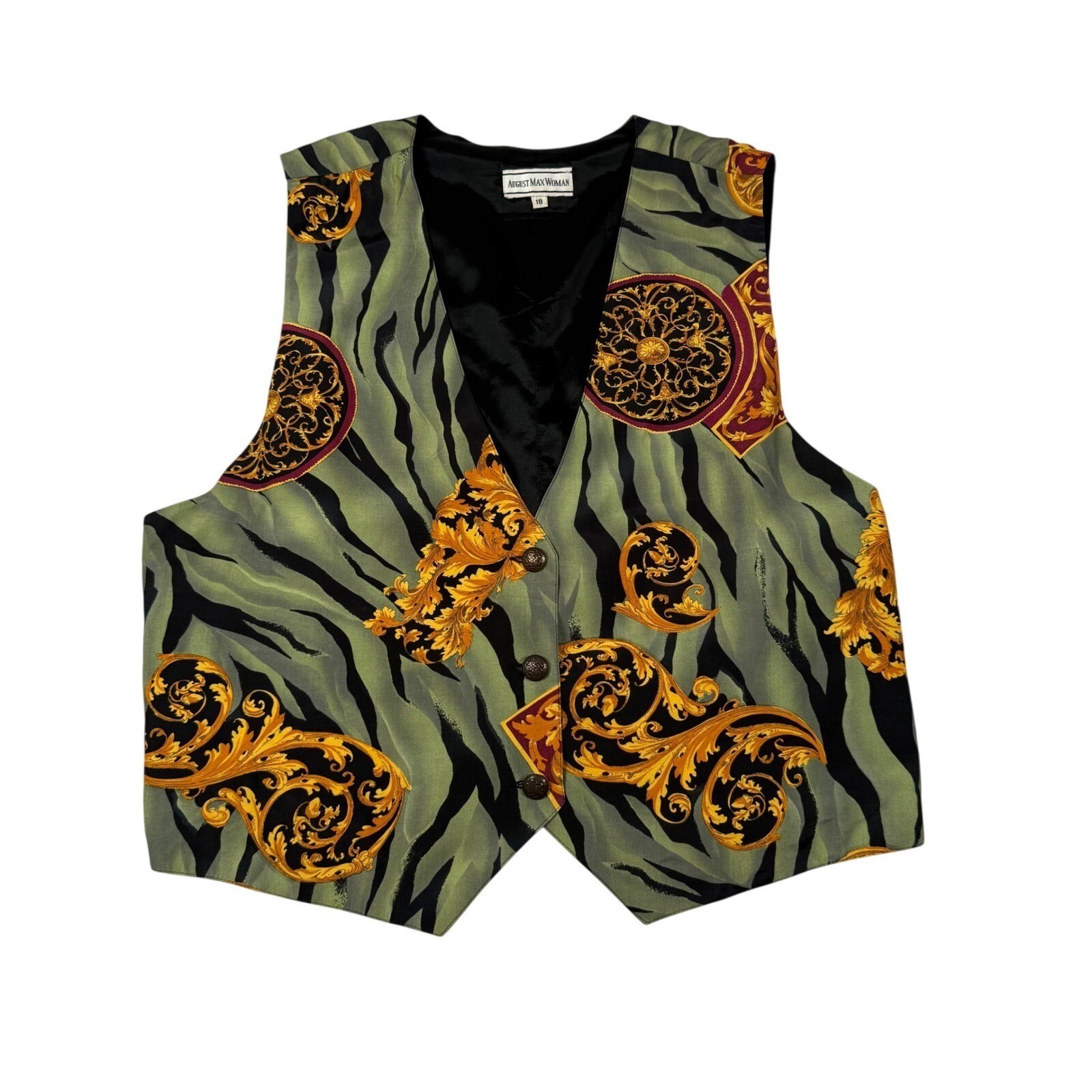 August Max Woman Vintage Baroque Tiger Print Vest Green Gold Rayon Plus Size 18