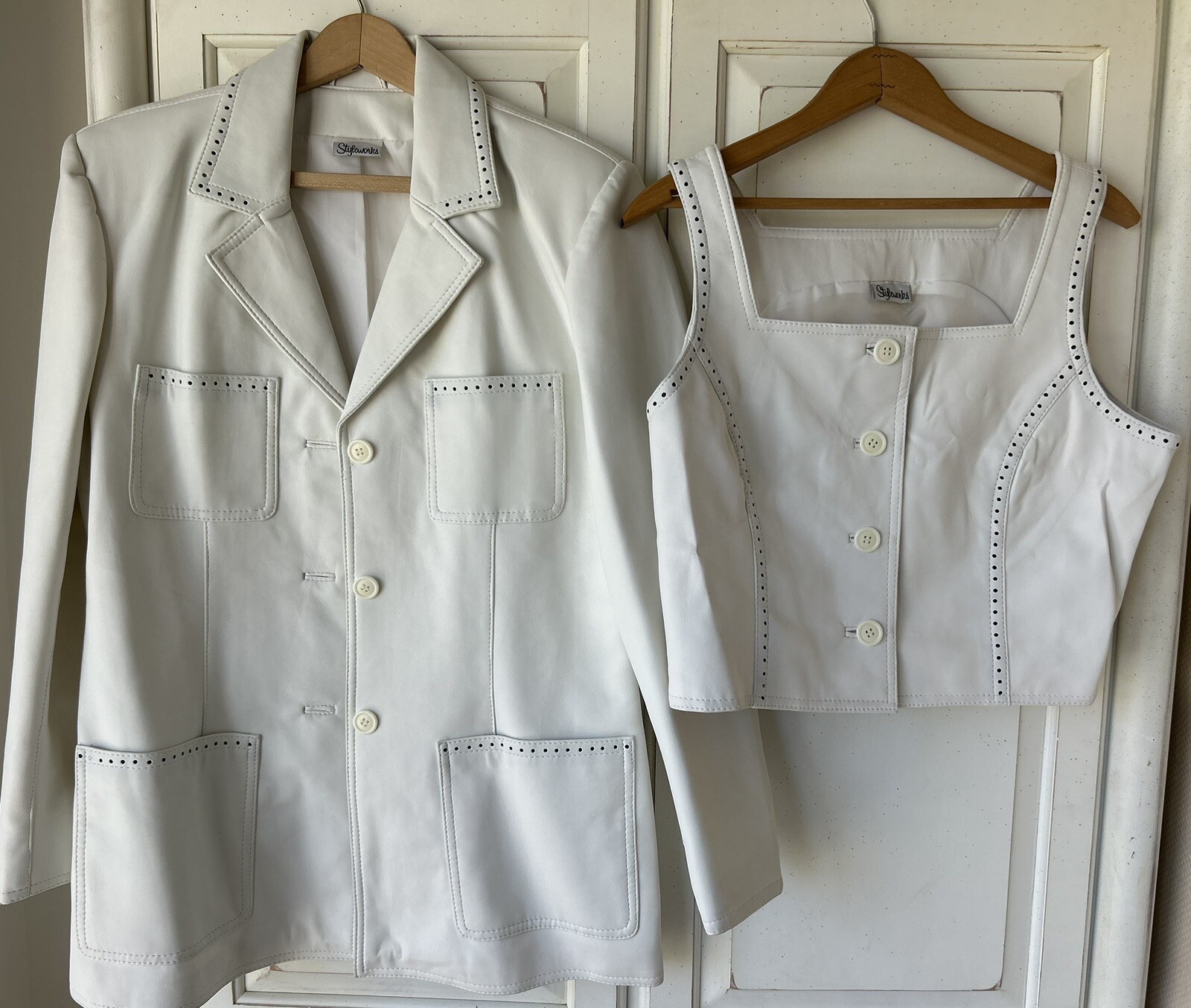VTG 80s/90s STYLEWORKS 2 Pc White Glam Pleather Jacket Sz 12 Crop Tank Top Sz 14