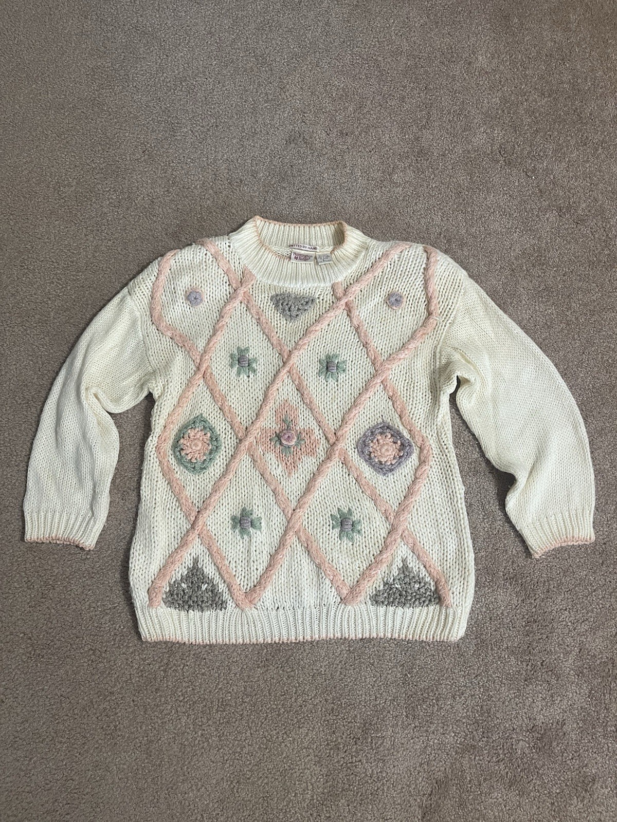 Vintage Huntington Ridge Sweater Womens L Cream Peach Flowers Granny Cottage Fai