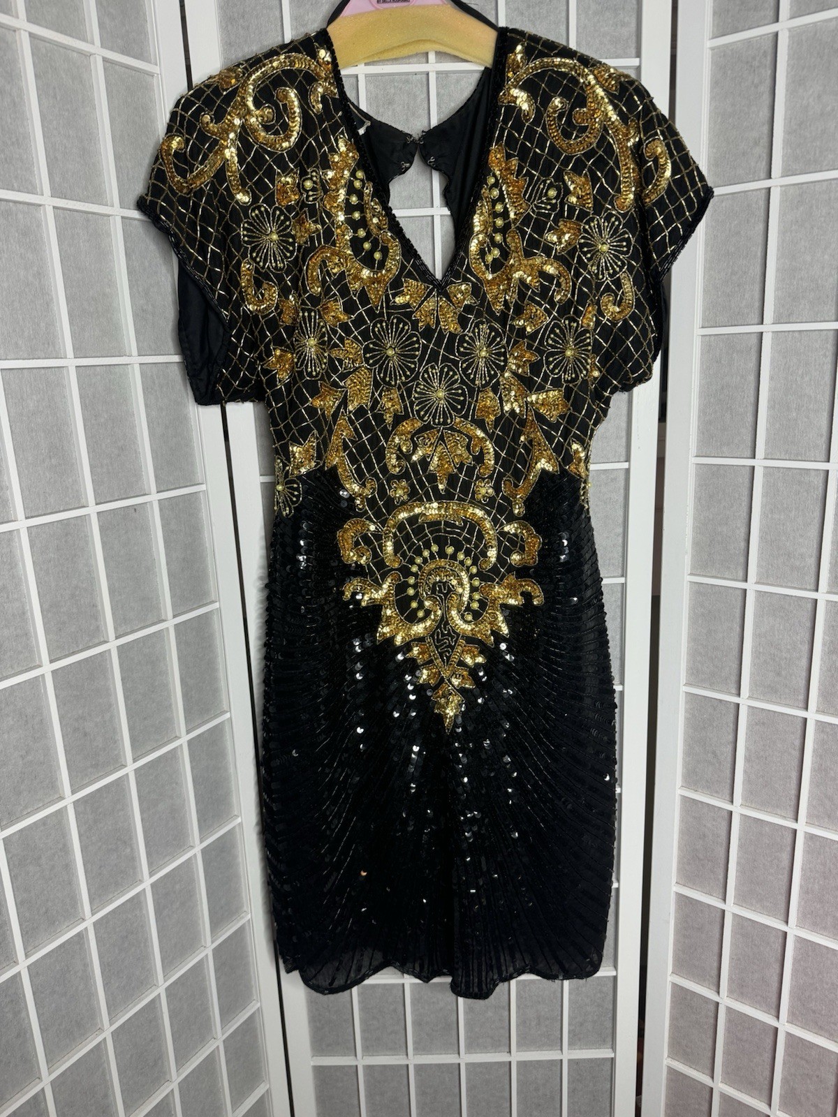 Carina Vintage 80s Gold Sequin Beaded Black Silk Formal Party Prom Dress Medium