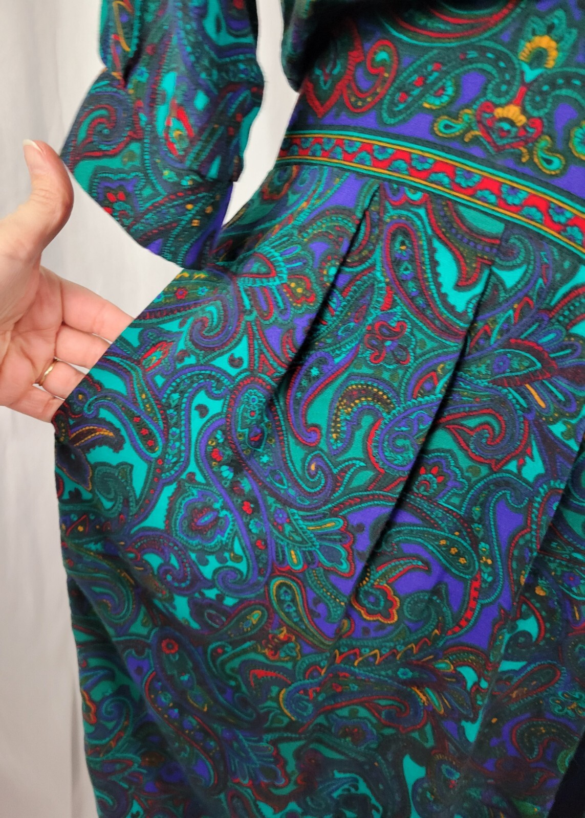 Vintage VLP Petites Green & Purple Paisley Blouson Secretary Dress SIze 8