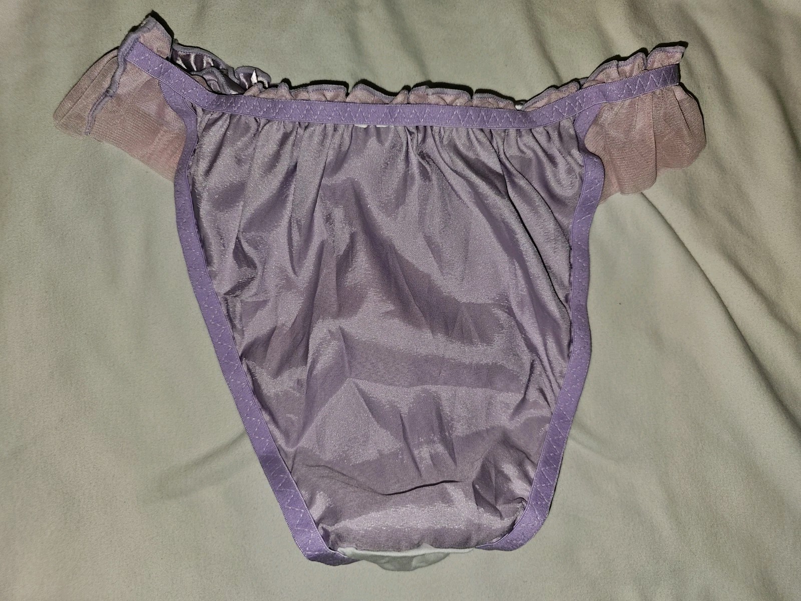 Vintage Girly Glossy Satin String Bikini Panties. Size Large