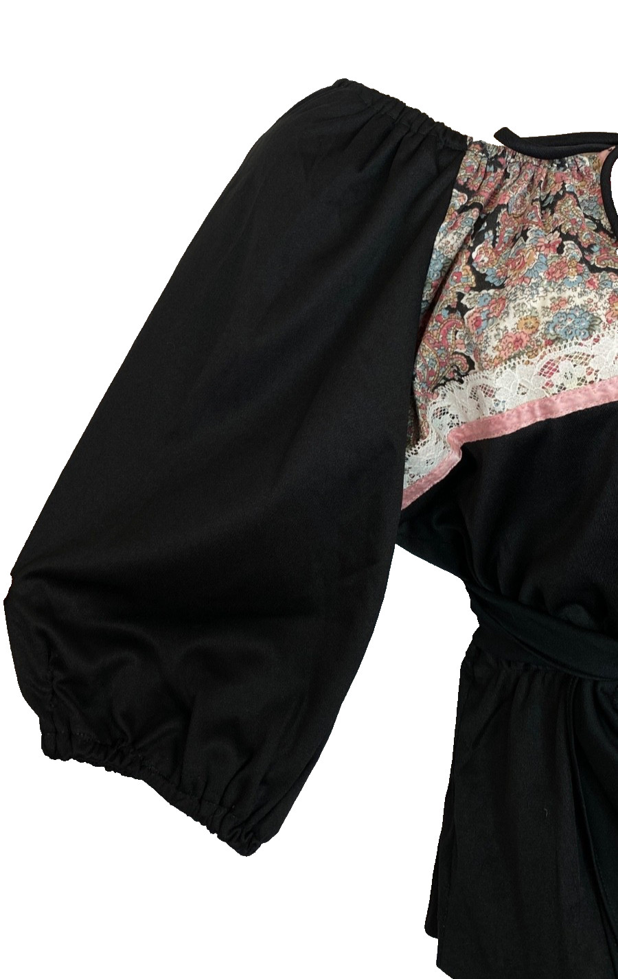 Vintage 1970s black tiered dress M 2 piece pink floral midi top shirt skirt set