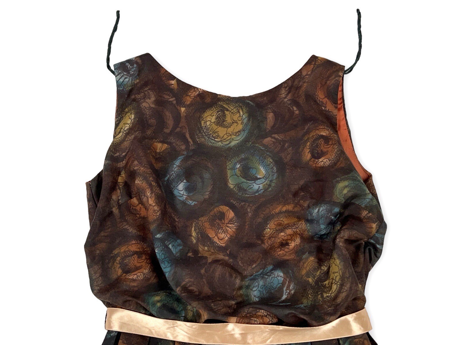 1950S BROWN BLUE FLORAL ABSTRACT NOVELTY DAY DRESS MS MAISEL S