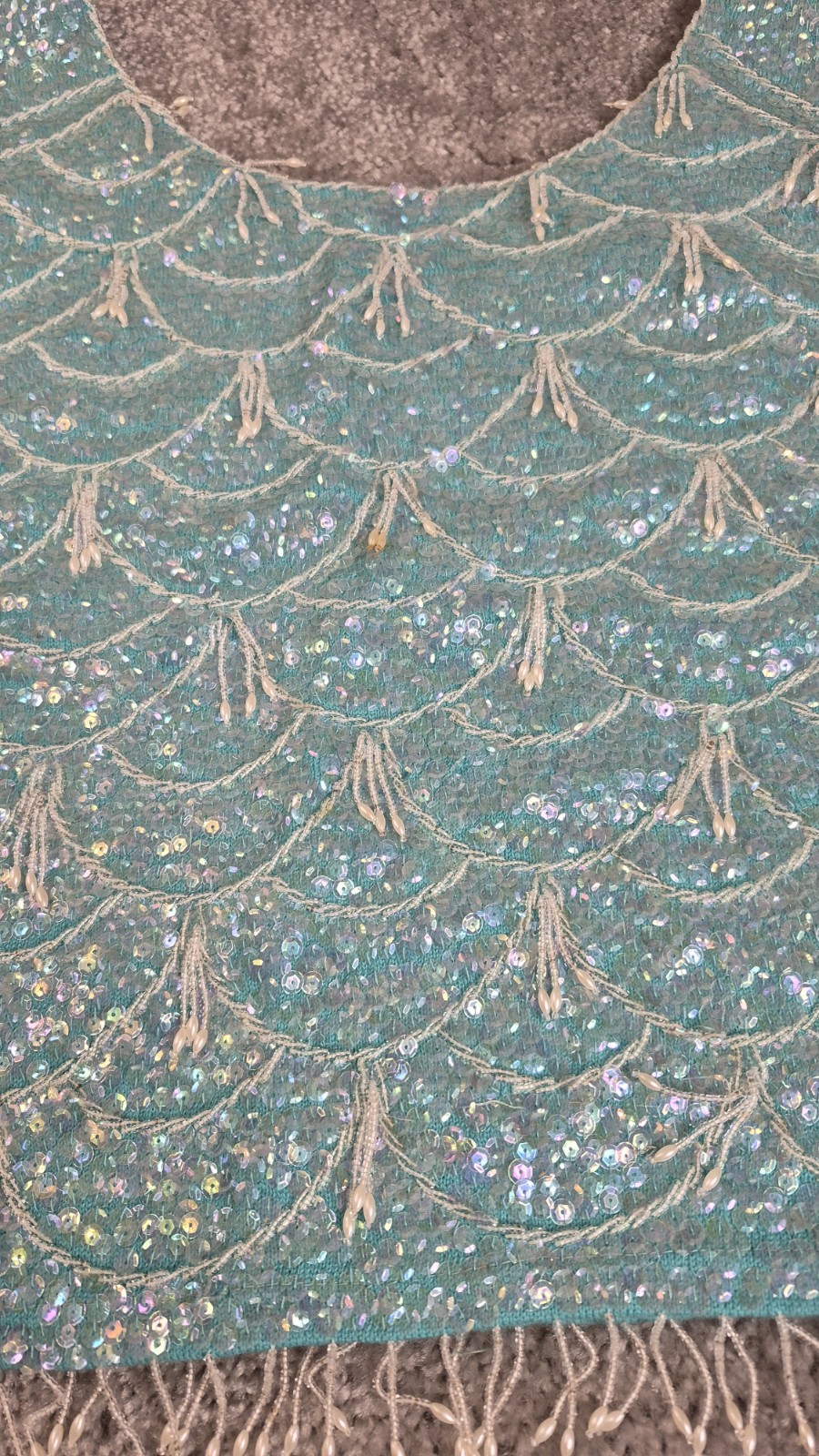 VTG Handmade Wool Sequin Top Womens 34 P2P Aqua Sweater White Beads Fringe