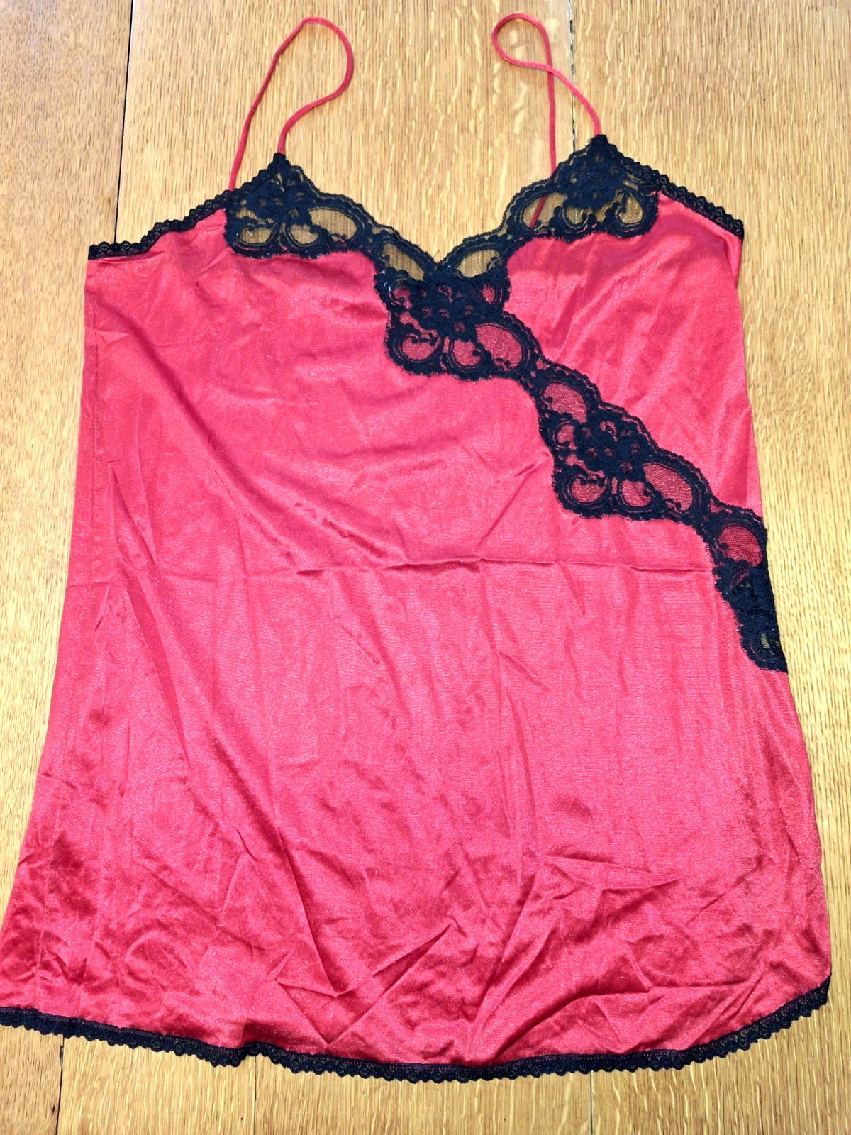 Vintage Red Nylon Black Lace Cami Lingerie Slip Top Spaghetti Straps Slit Side