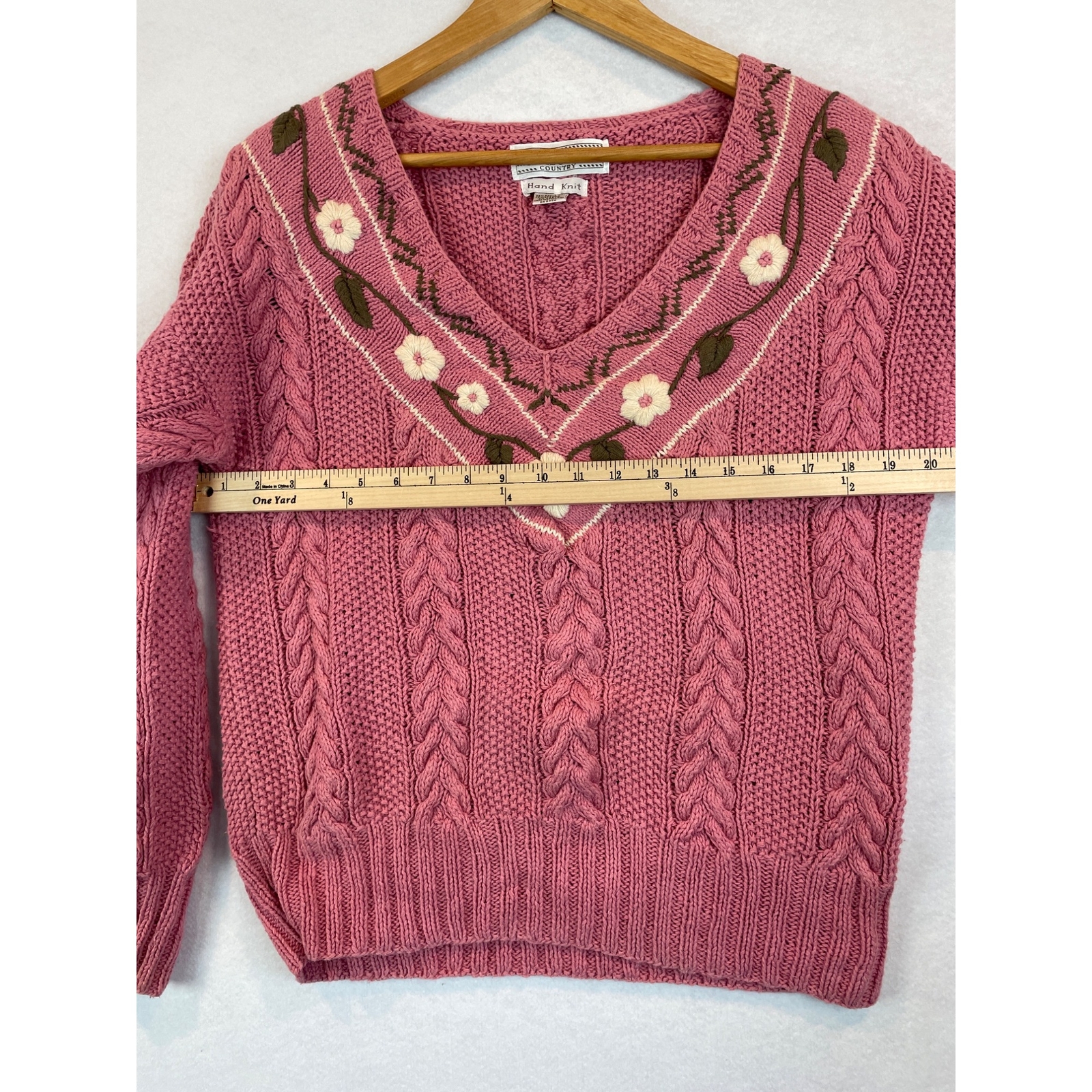 Vintage 80s 90s Melbourne Country Sweater Pink V Neck Floral Hand Knit Size M