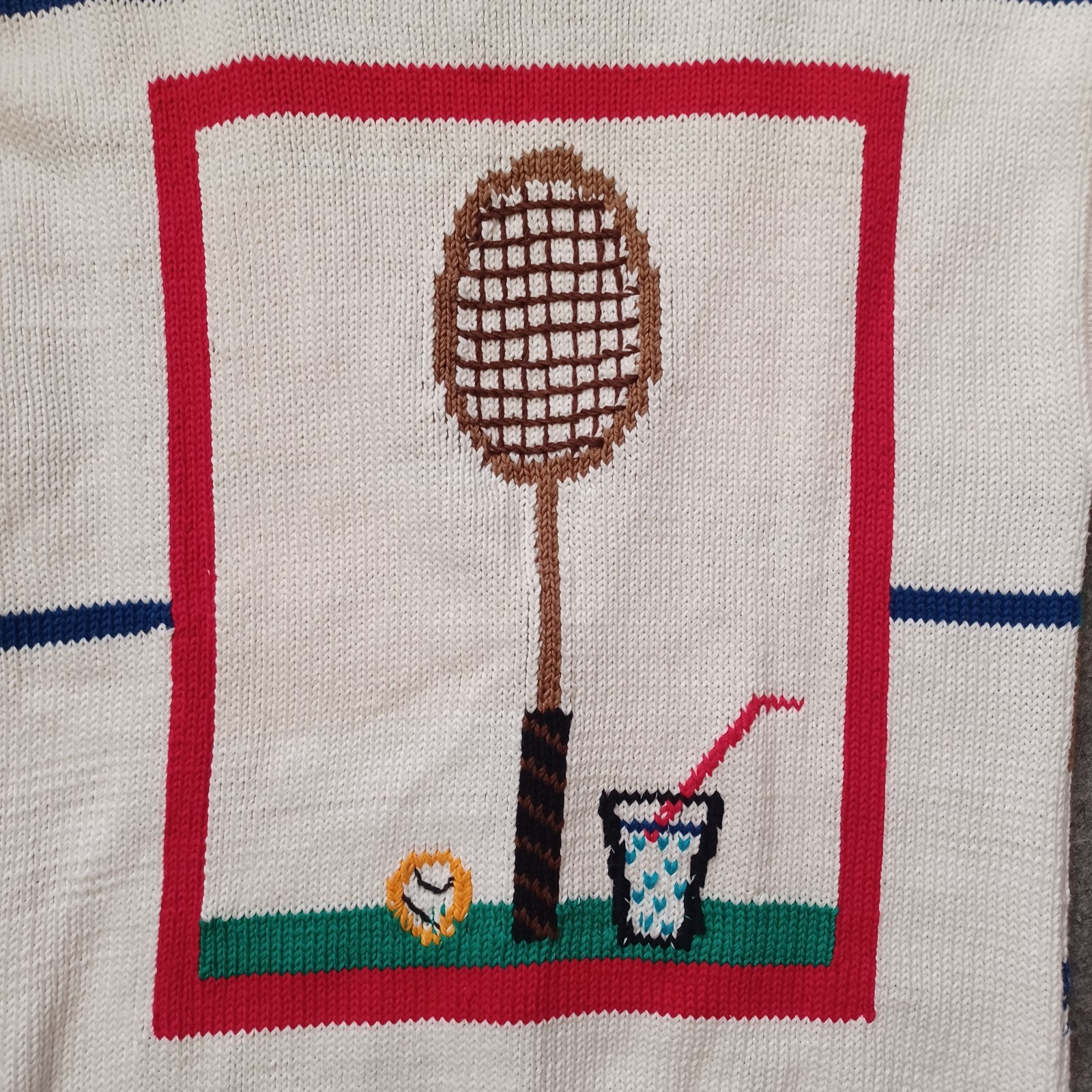 Vintage Lumy Cardigan Sweater Womens Large Tennis Game Theme Hand Knitted 80s